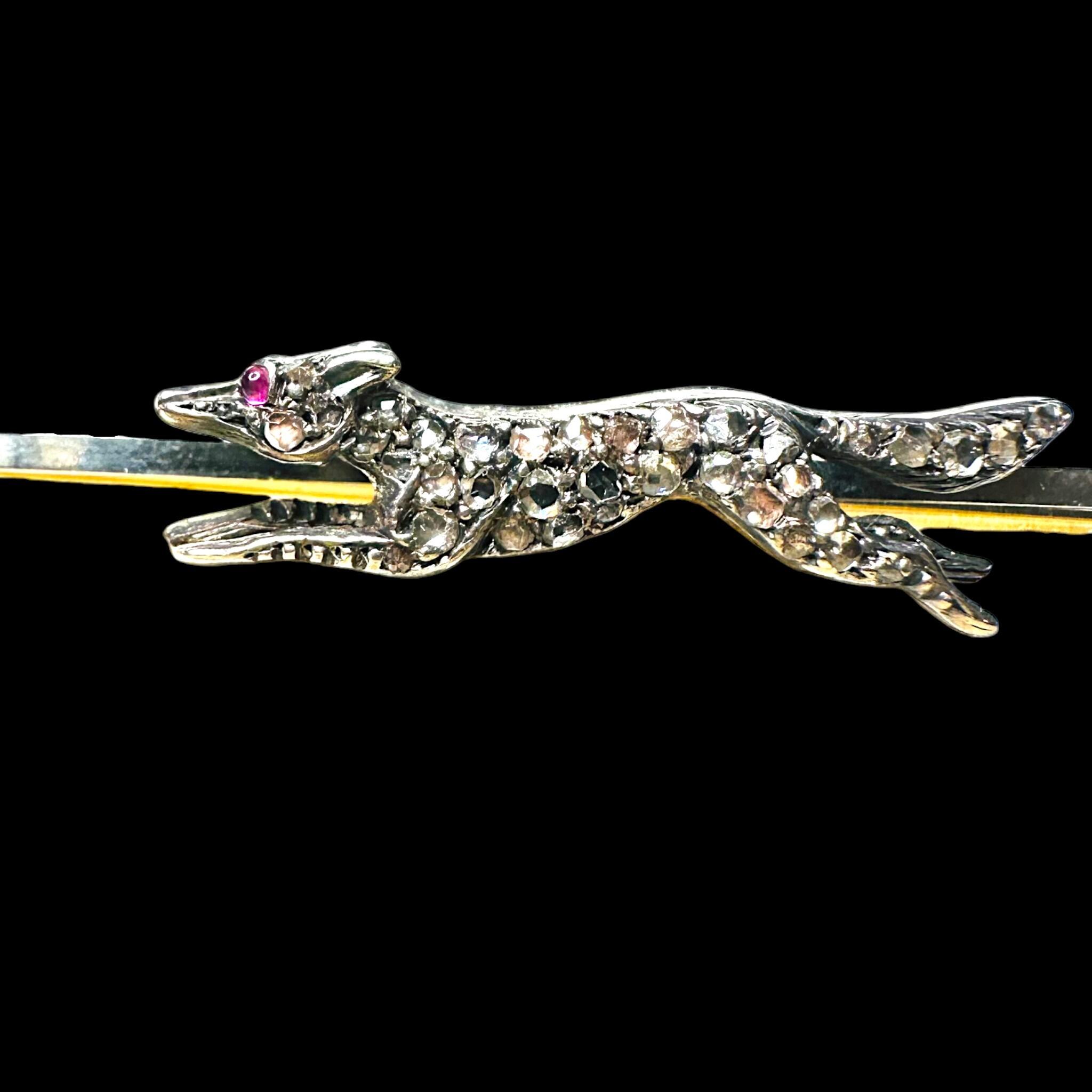 Edwardian Diamond Set Running Fox Brooch in original box, with black background.