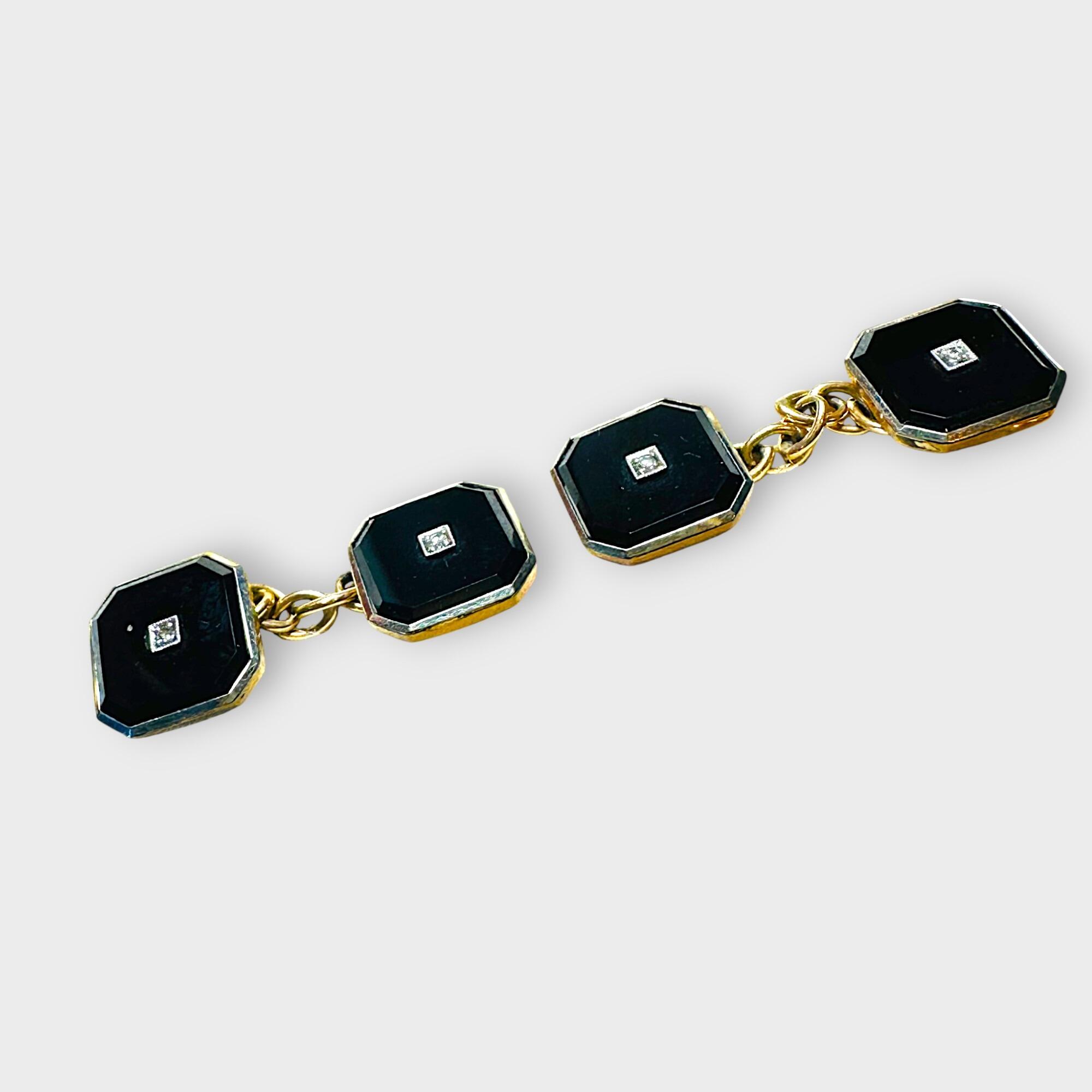 Art Deco 15ct Gold Black Onyx & Diamond Chain-Link Cufflinks, grey background.