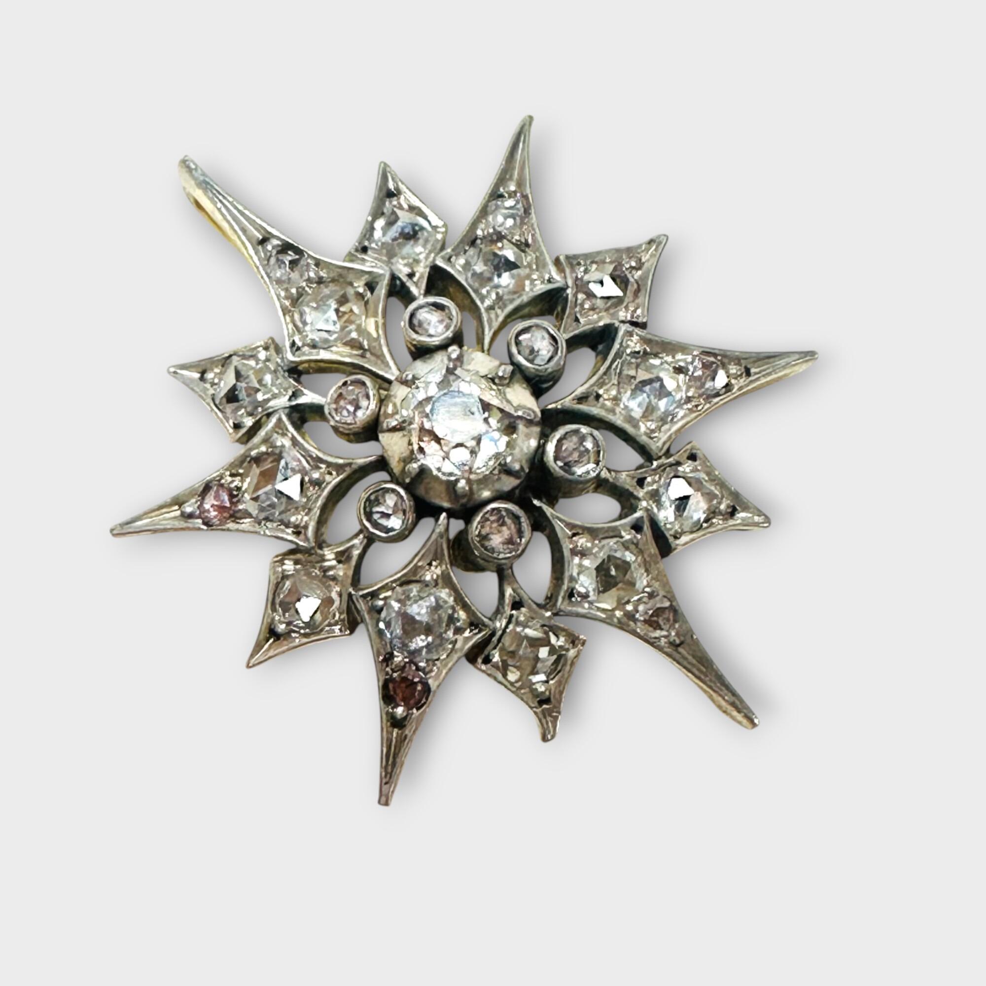 Victorian Diamond Star Pendant, Antique Silver & Rose Gold Starburst, grey background.
