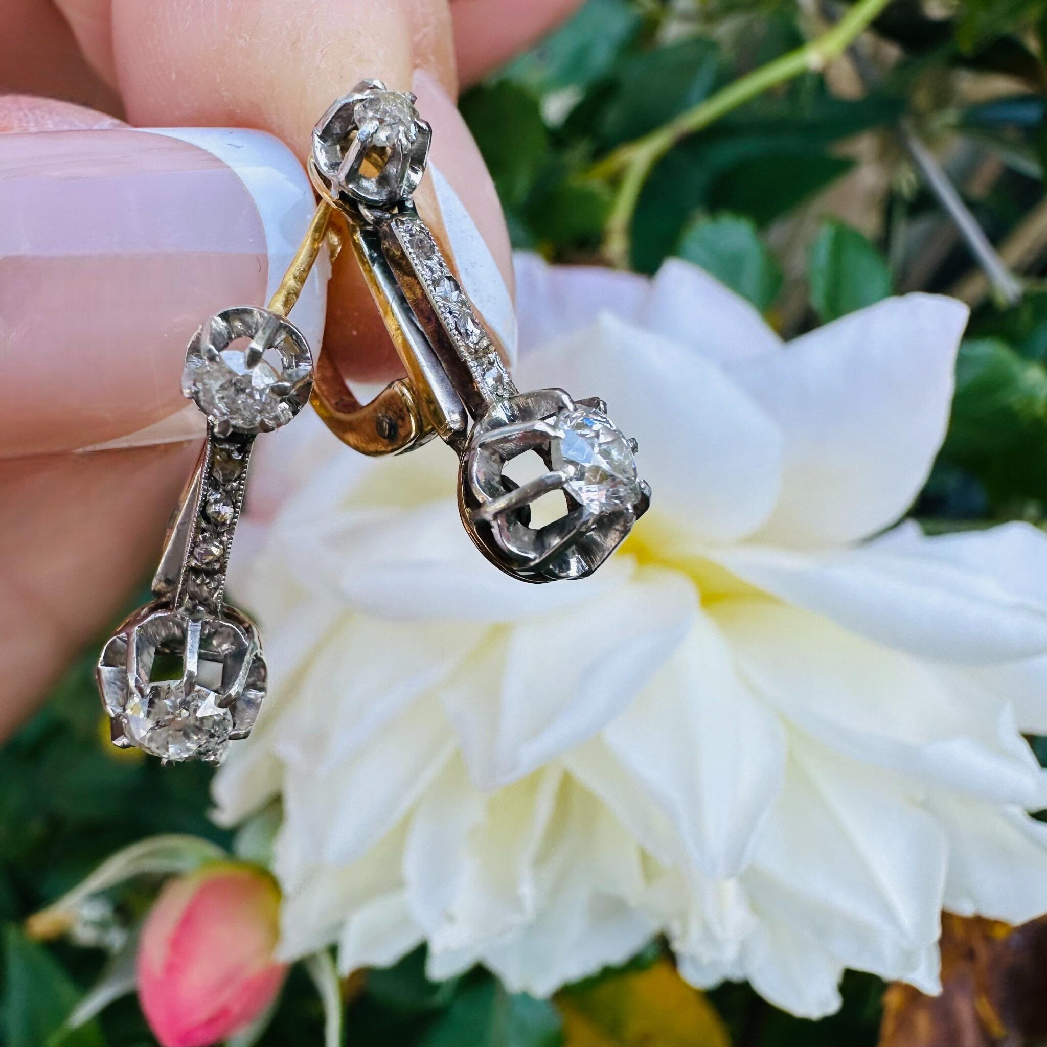 French Belle Époque Dormeuse Earrings in 18K Gold with 0.50ct Diamonds – Hallmarked with French Eagle, displayed in antique box