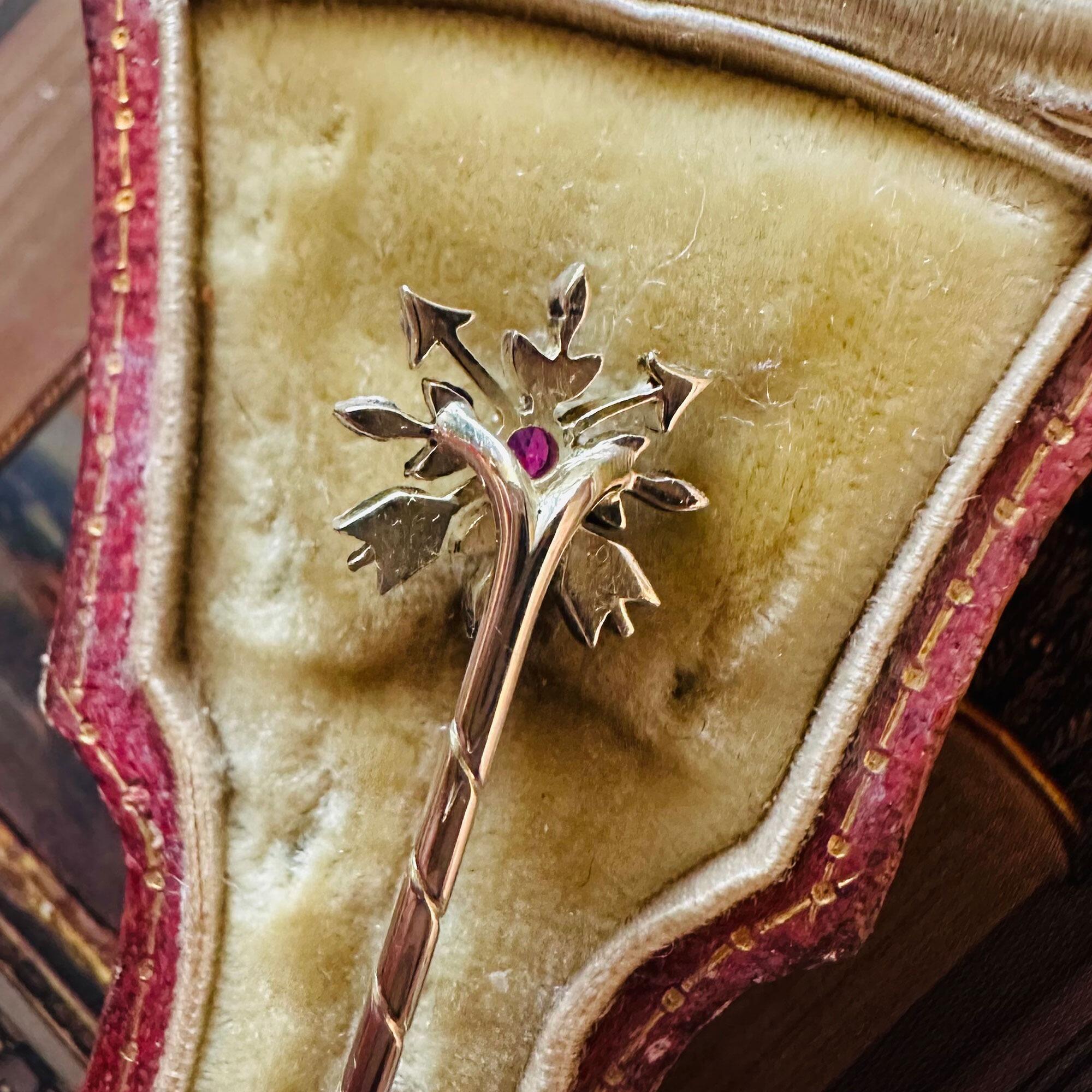 Rare Gold Ruby & Diamond Arrow Stick Pin in antique S J Phillips, Bond Street London box