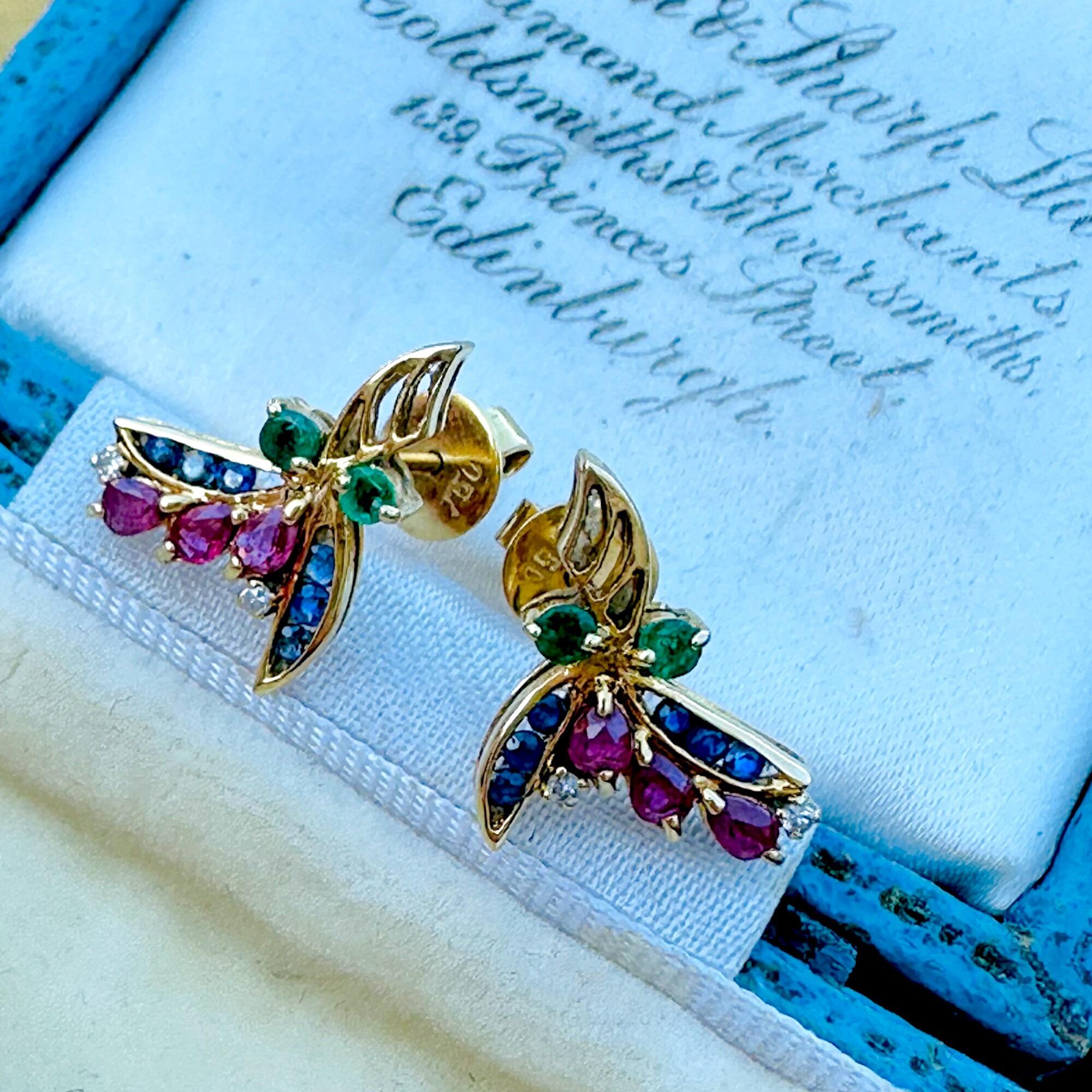 18K Yellow Gold Floral Sprig Earrings with Sapphires, Rubies, Emeralds & Diamonds displayed in antique box.