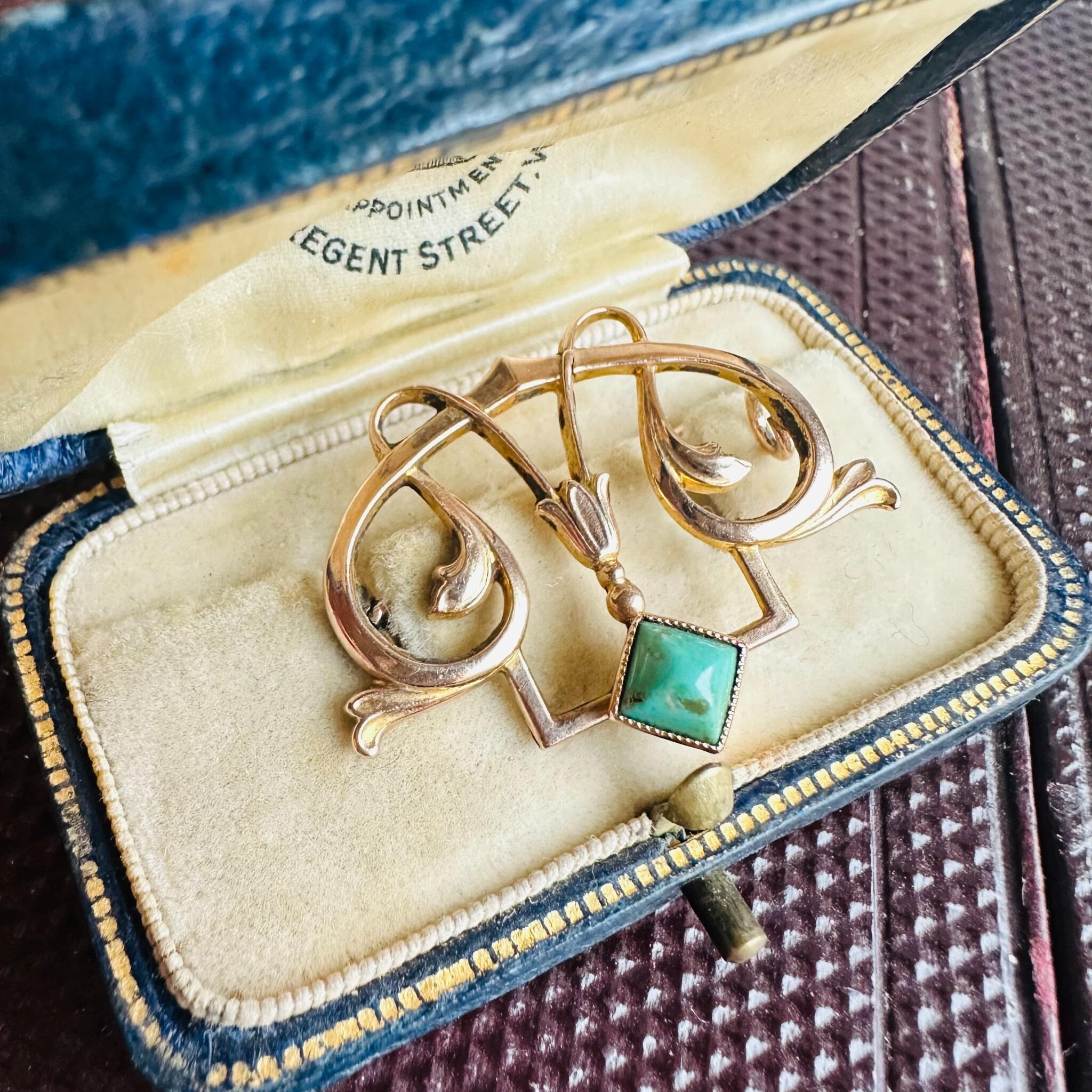 Art Nouveau Jugendstil Turquoise Brooch in 9k Rose Gold, displayed in antique box.