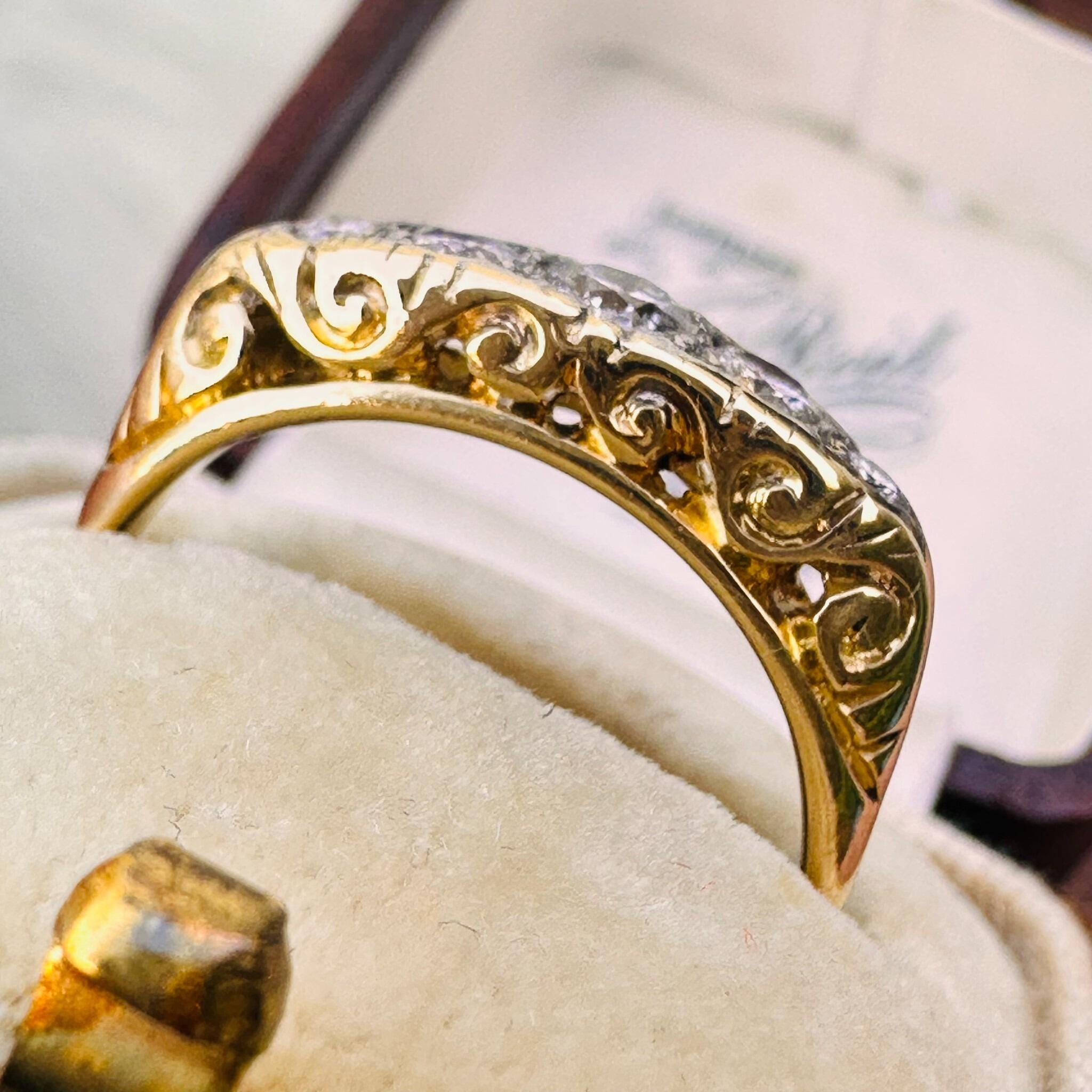 side view, Victorian 18ct Gold Old-Cut Diamond Carved Hoop Ring displayed in antique box.