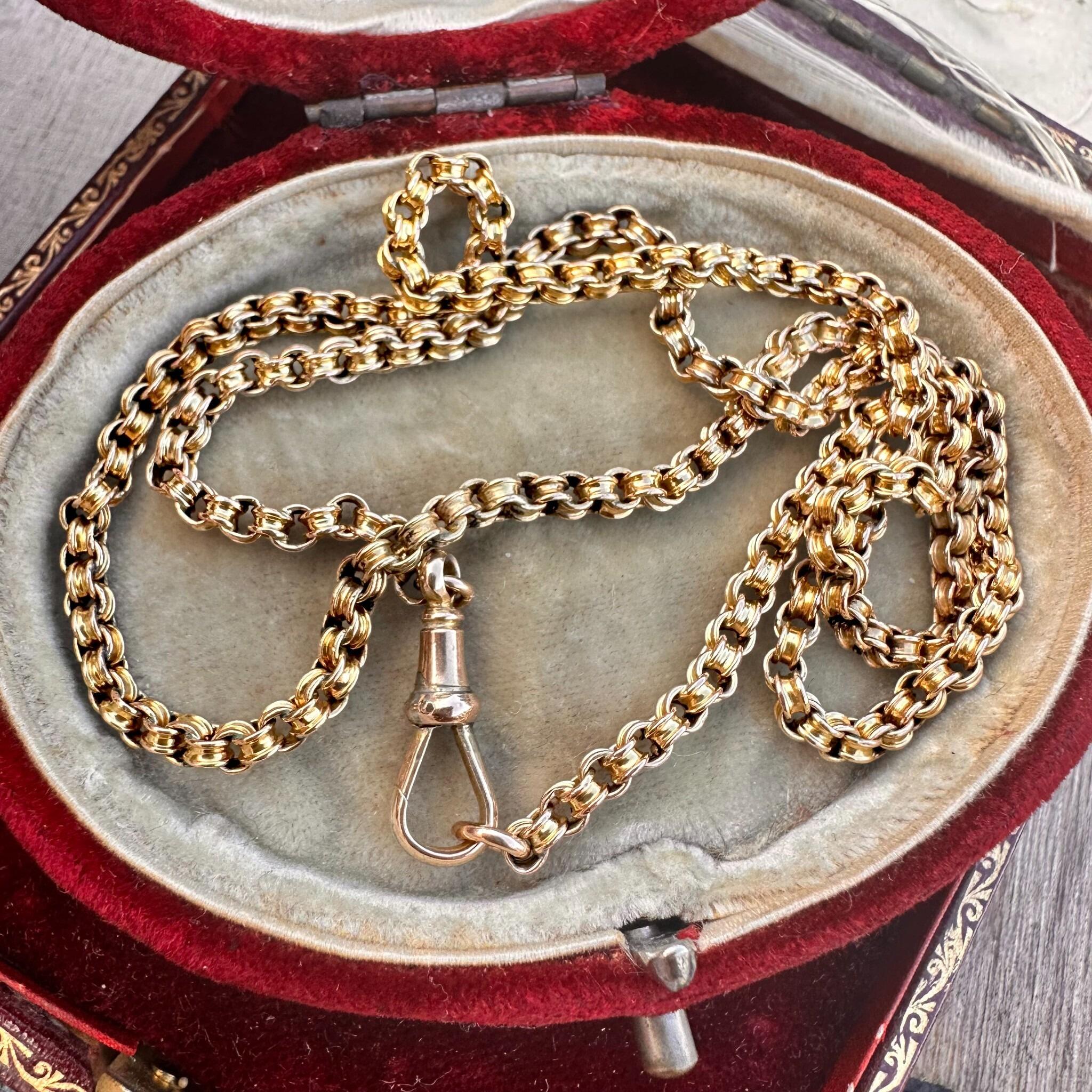 Gold Double Belcher Link Chain& Dog Clip Clas , displayed in antique box