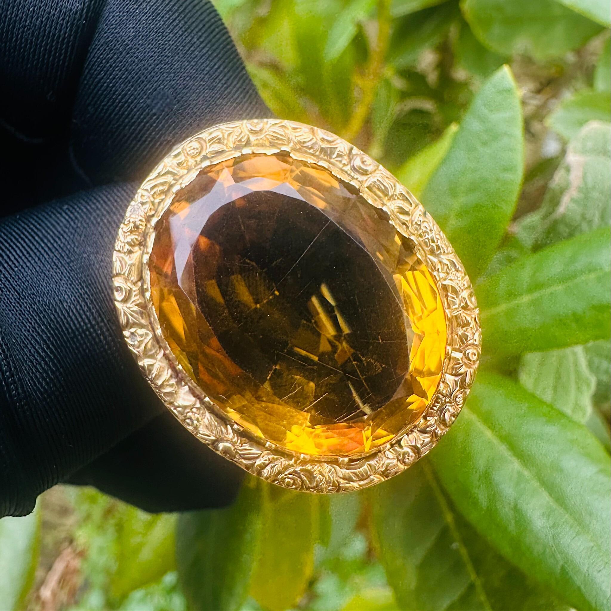 15k Gold large Citrine Brooch, , held in gloved hand in the garden.