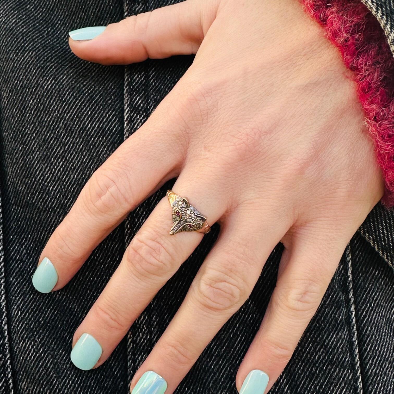Rose Gold, Silver & Diamond & Ruby Eyed Fox Ring worn on models hand