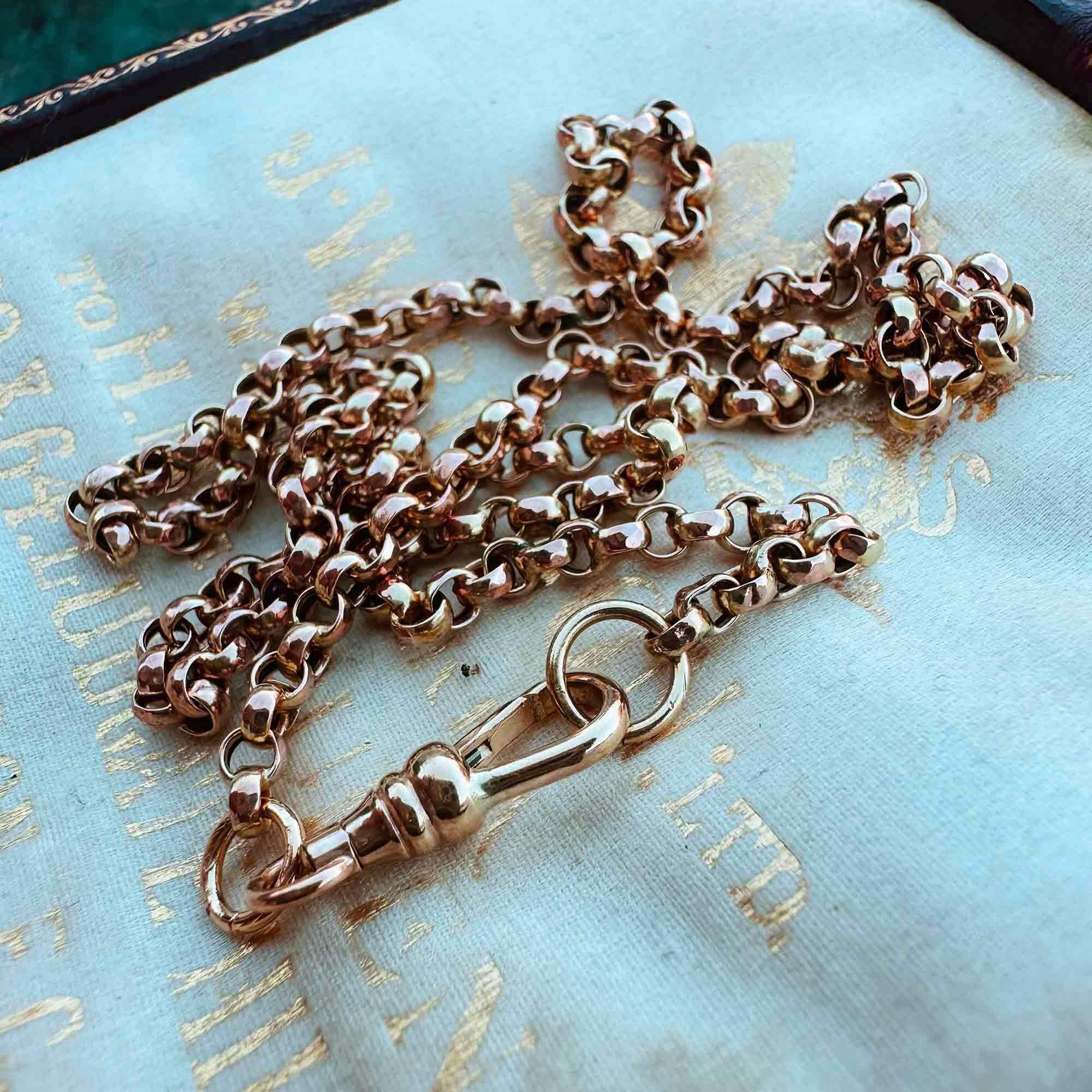 Rose Gold Belcher Link Chain & Dog Clip Clasp displayed on antique box