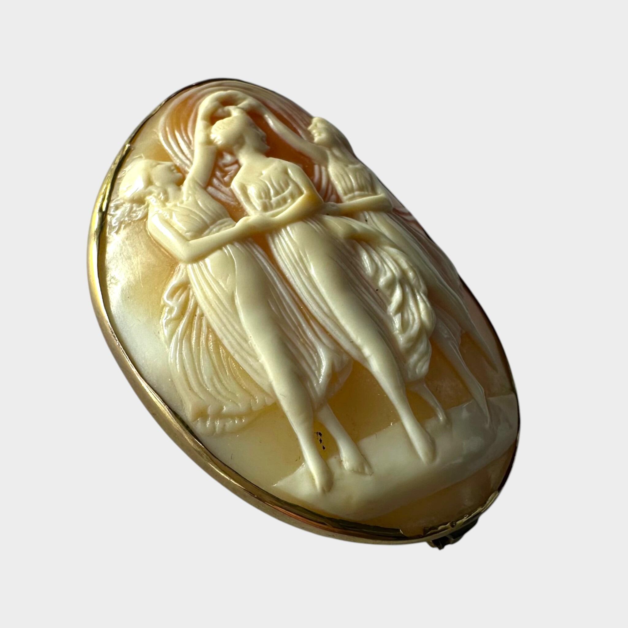 side view of Antique Cameo Brooch Three Graces – Italian Shell Carving, Signed, Gold Mount with white background
