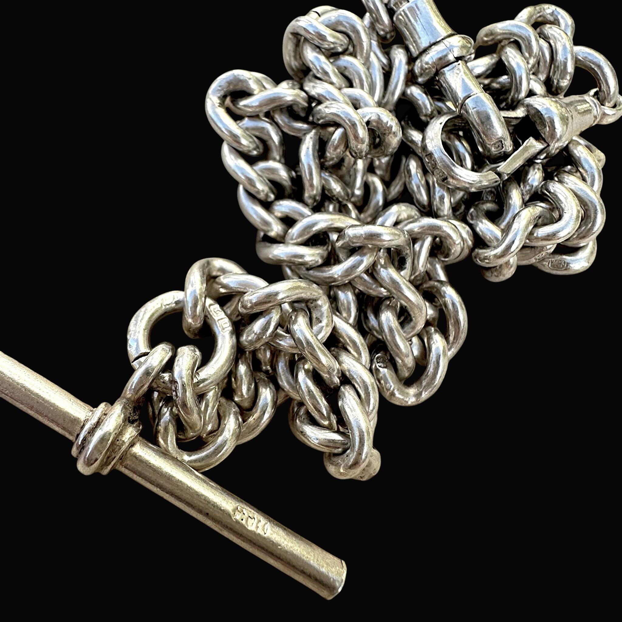 Antique Chunky Silver Albert Chain Necklace, T-Bar & Dog Clip with black background