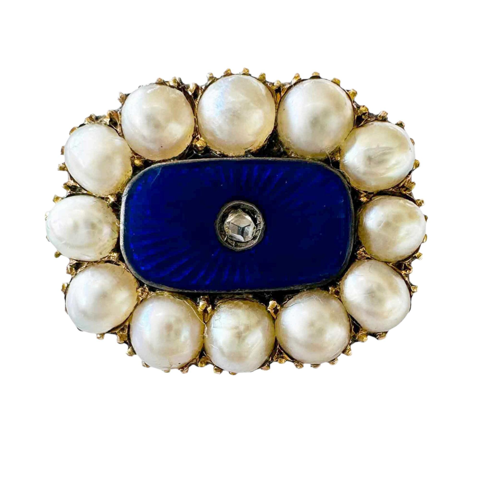 Georgian 18ct gold lace pin with rose-cut diamond, royal blue guilloche enamel, and natural pearls,