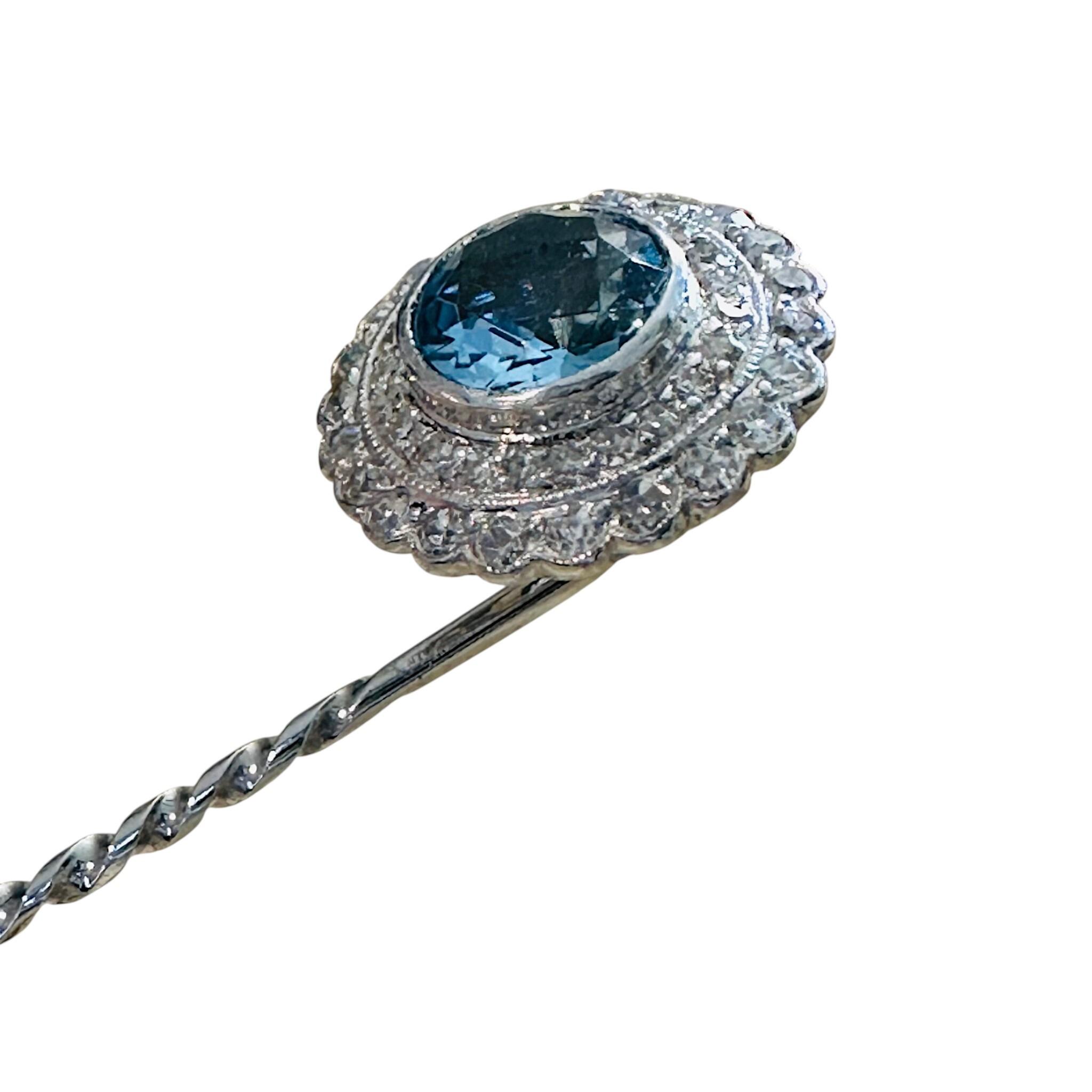 side view of Antique Art Deco Platinum Blue Zircon & Diamond Stick Pin with white background