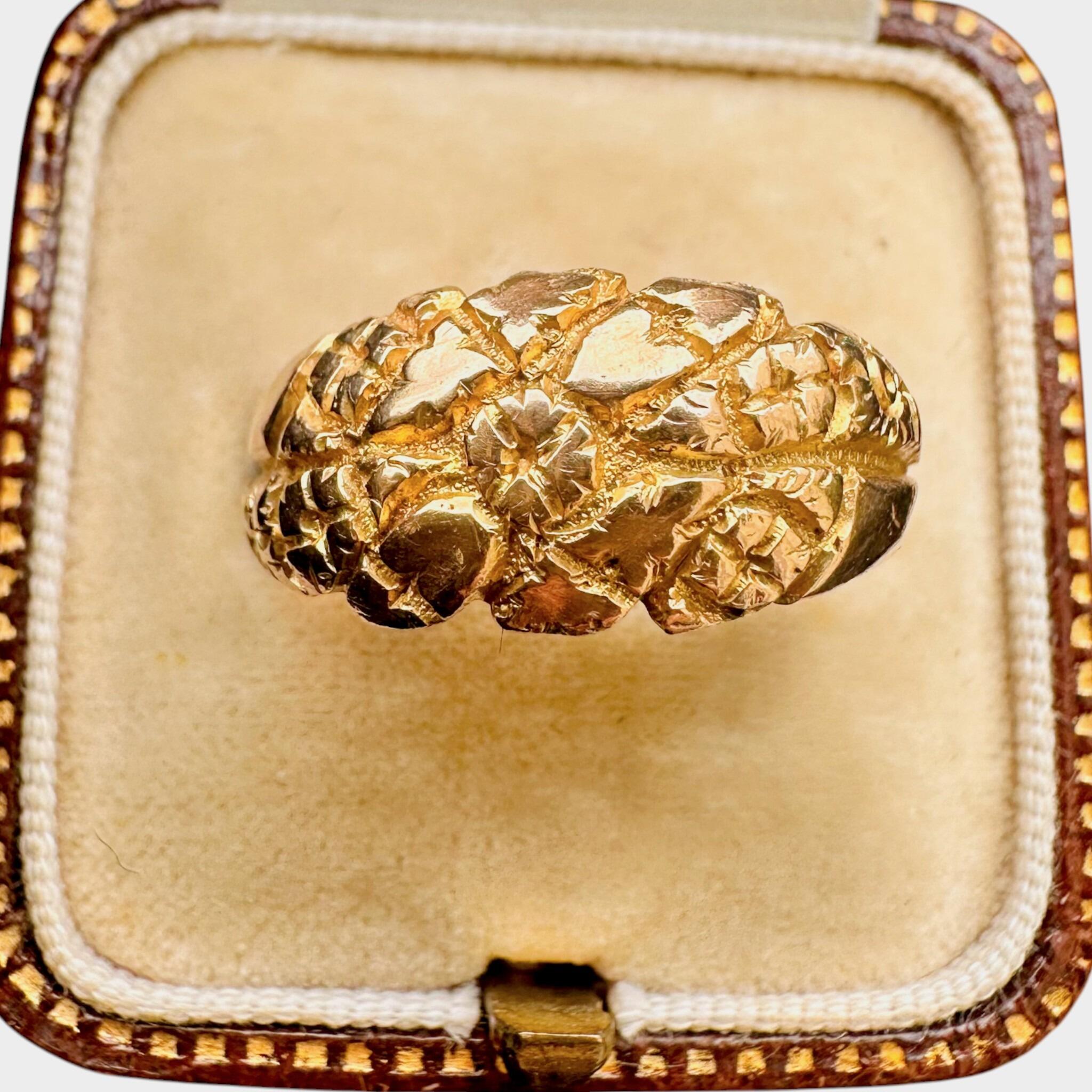 front view of Antique Art Nouveau Gold English Repoussé Ivy & Rose Dress Ring displayed in antique box