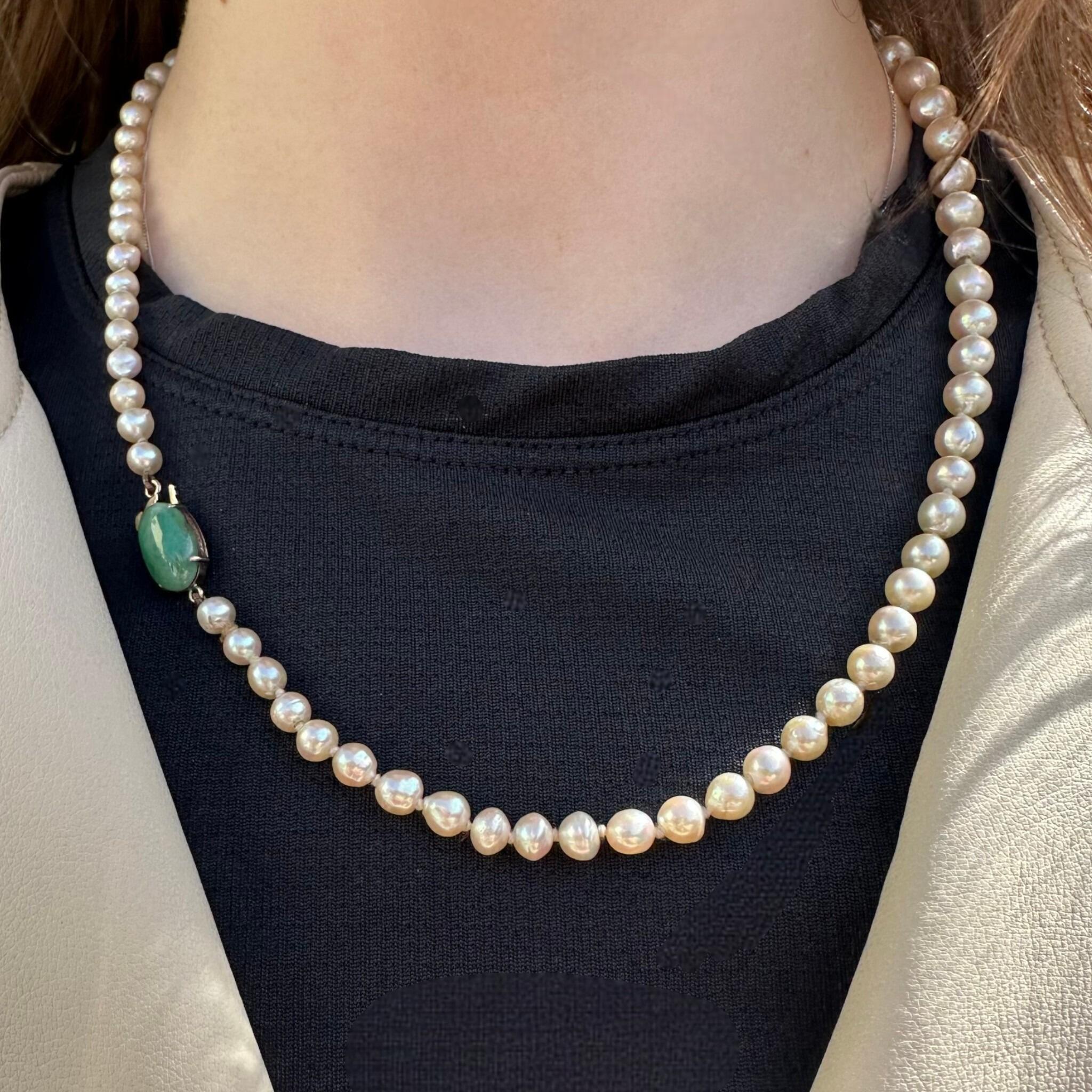 Antique Cultured Saltwater Baroque Pearl & 14k Gold Jadeite Clasp Necklace worn on models neck