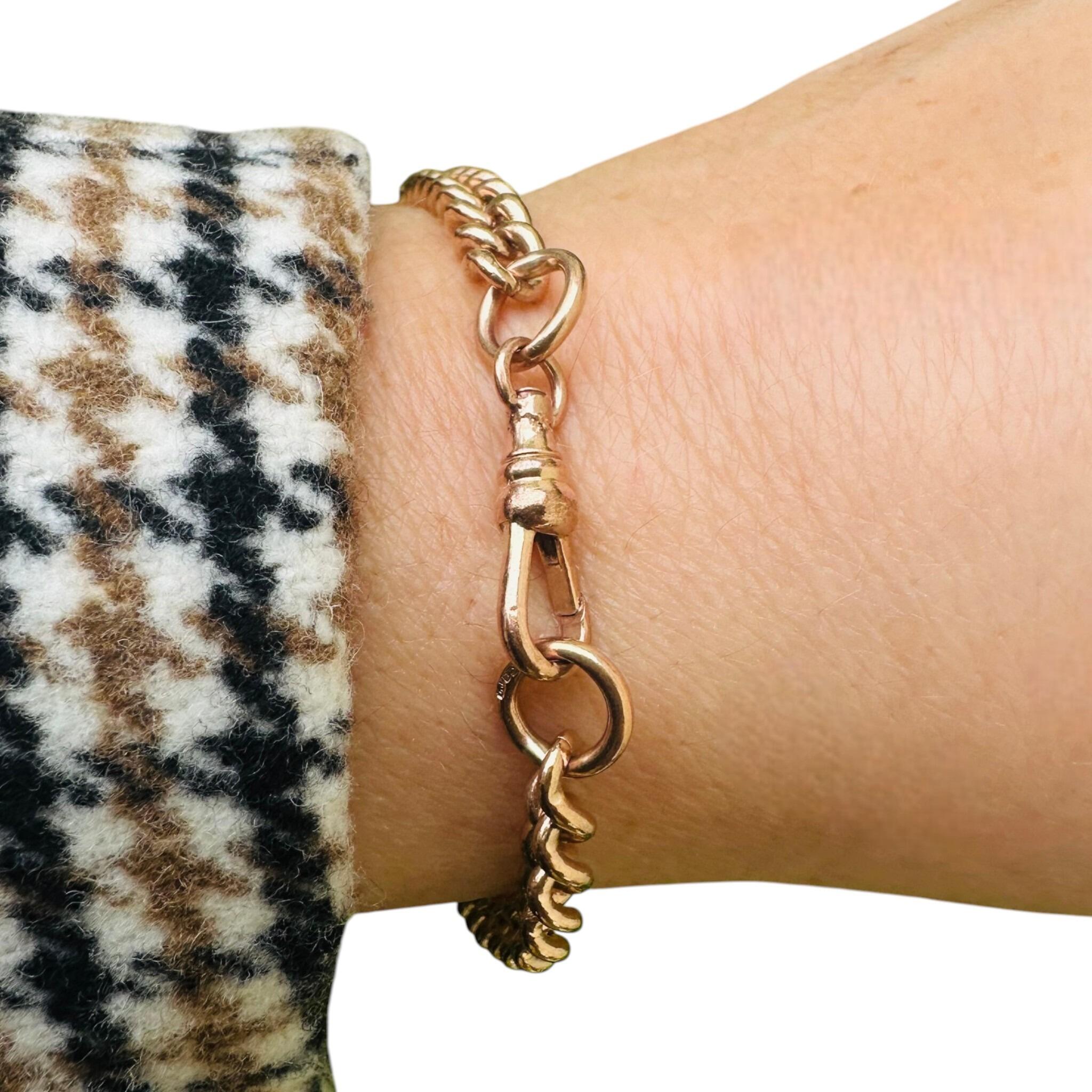 Antique Rose Gold Curb Link & Dog Clip Bracelet displayed on models wrist with white background