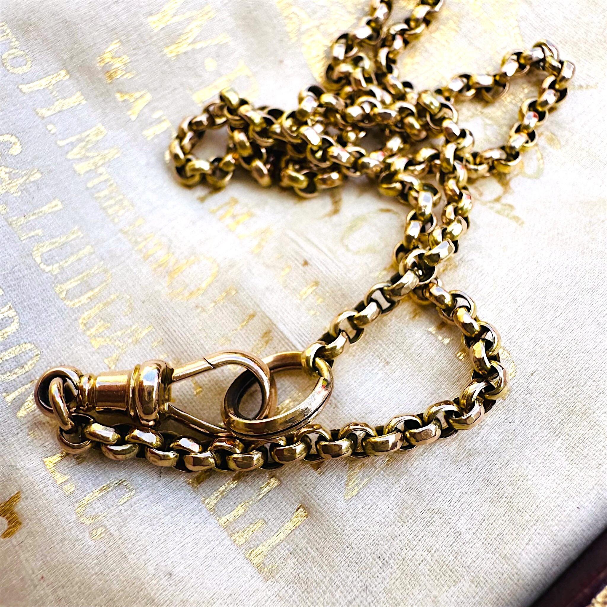 Antique Victorian 9ct Rose Gold Belcher Chain With Dog Clip & Split Ring clasp, displayed on antique box
