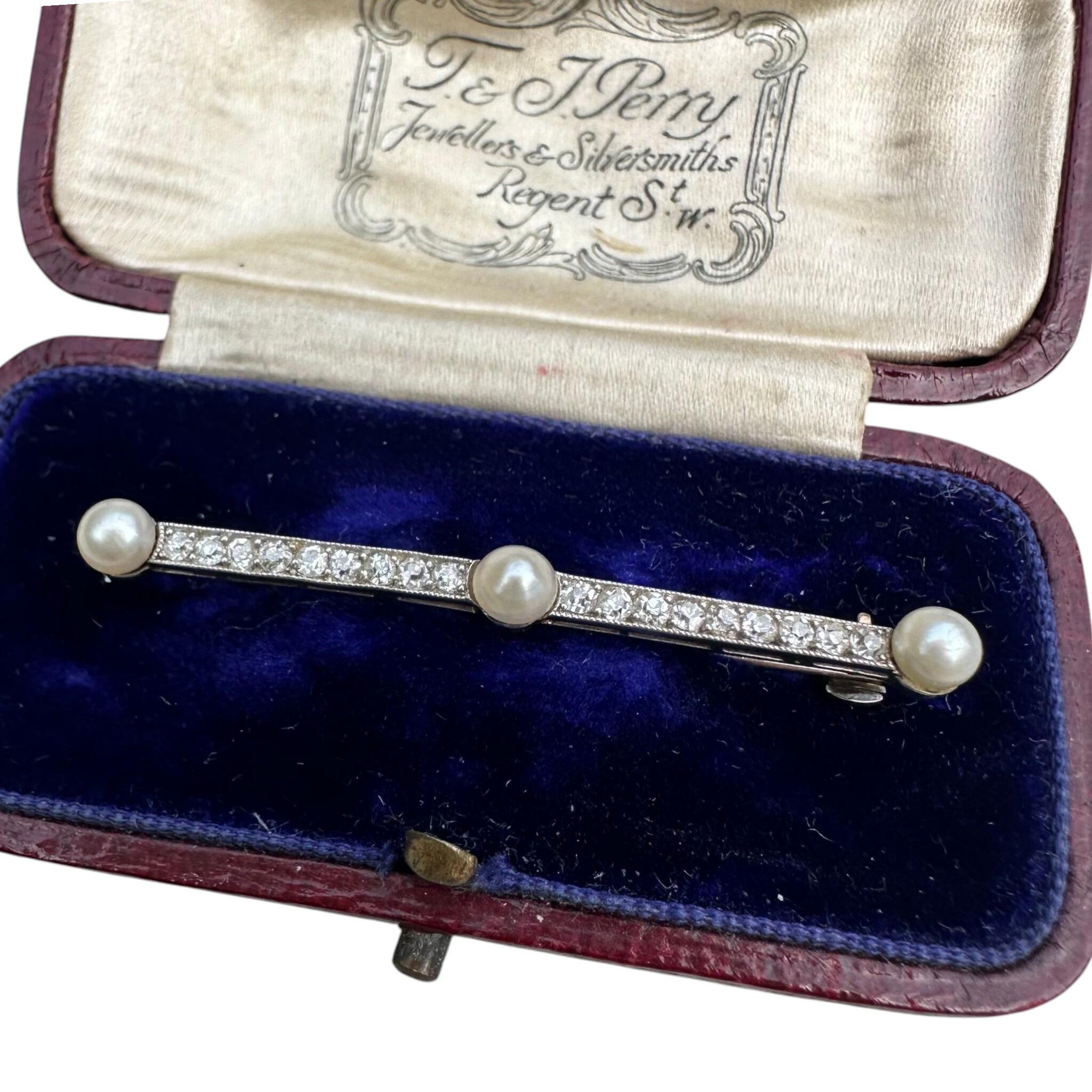 Antique Edwardian Platinum Diamond & Pearl Bar Brooch displayed in original box with white background