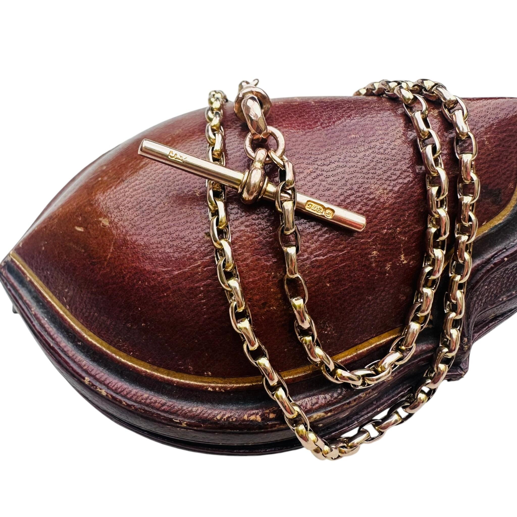 Antique Victorian 9k Gold Bike Link Chain & Dog Clip Clasp displayed on red antique box with white background