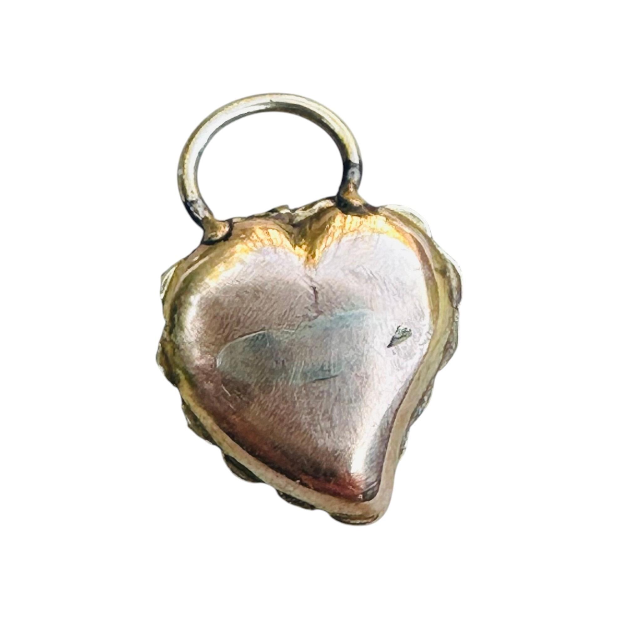 close up and back view of Antique Victorian 15ct Gold Puffy Heart Pendant with white background