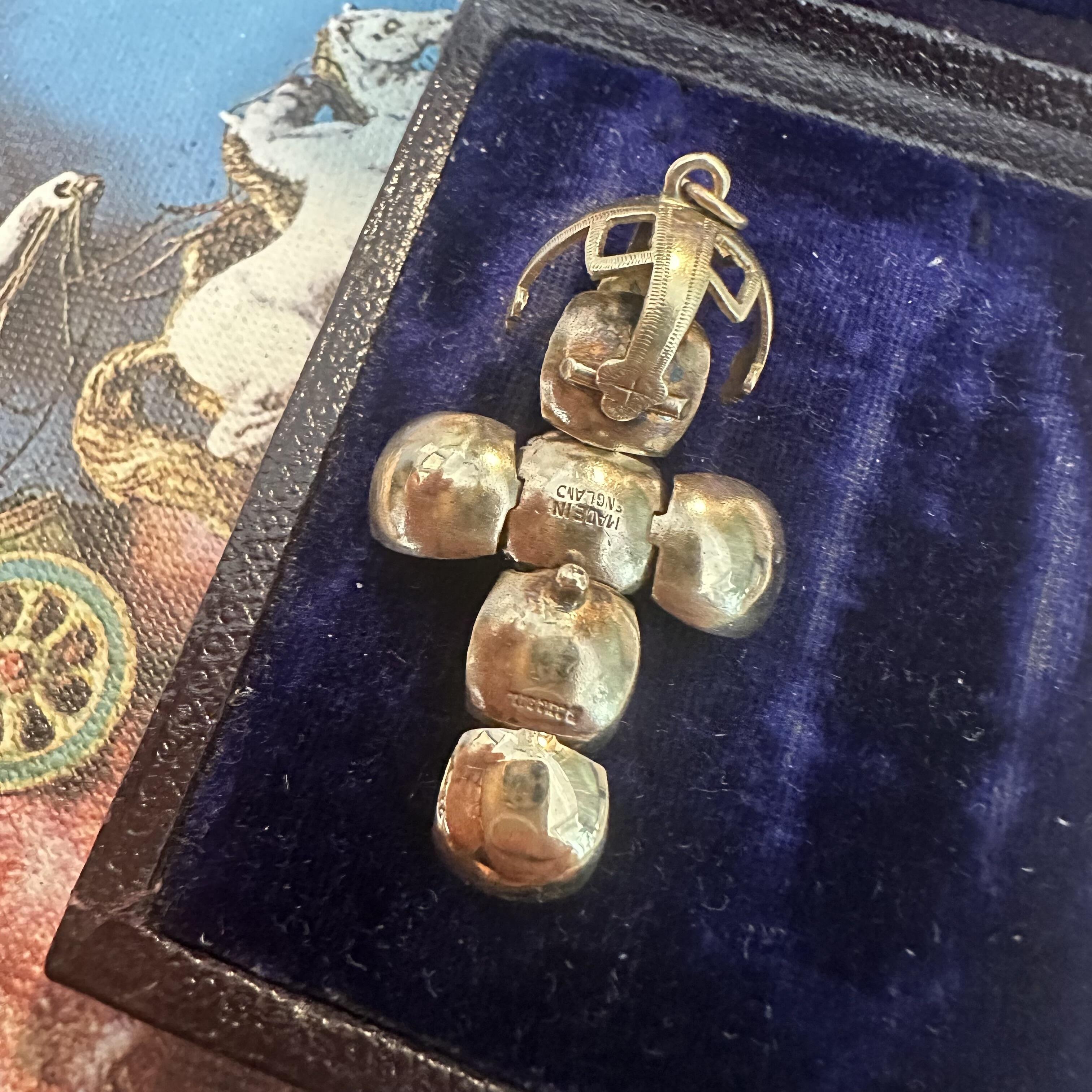 antique 9k rose gold masonic orb pendant on antique box, reverse view.