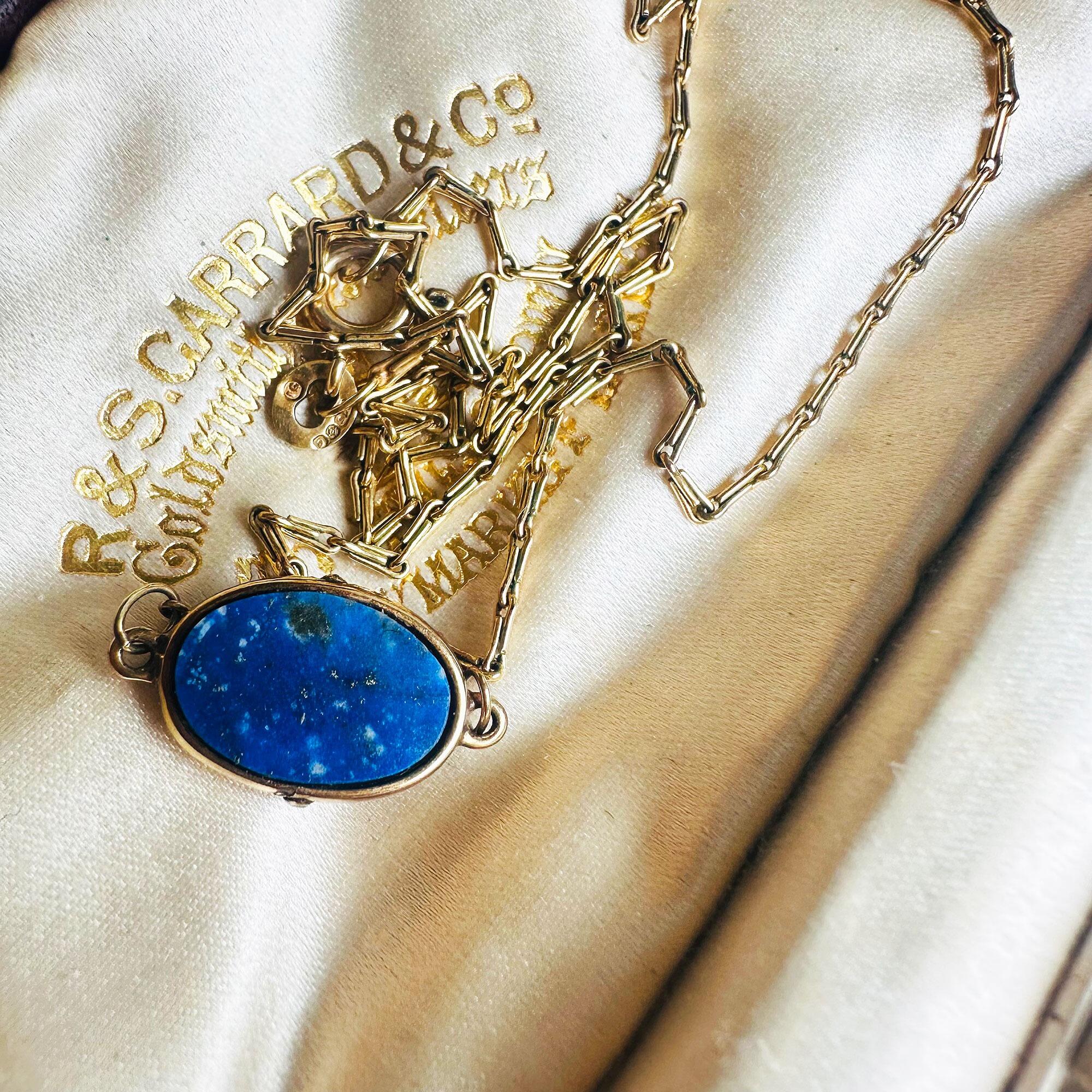 Vintage 9ct gold lapis lazuli pendant necklace on antique box