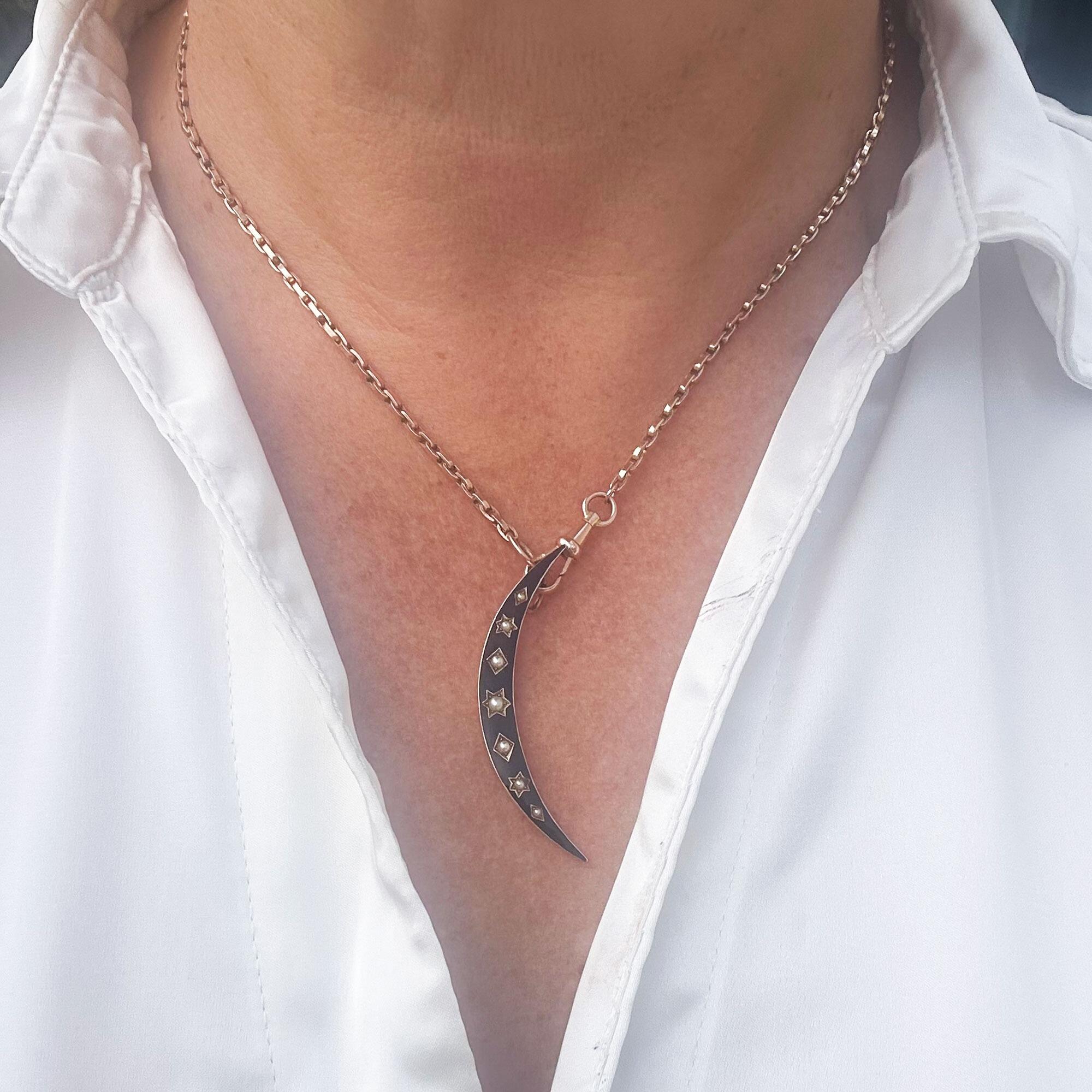 Antique 15k Rose Gold Black Enamel & Pearl Crescent Moon Pendant on models neck