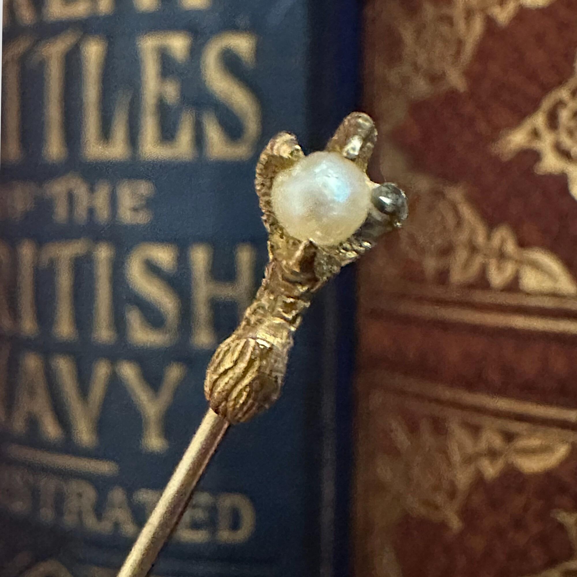 Victorian 18ct Gold Eagle Claw Pearl Stick Pin, Circa 1890,books in the background.