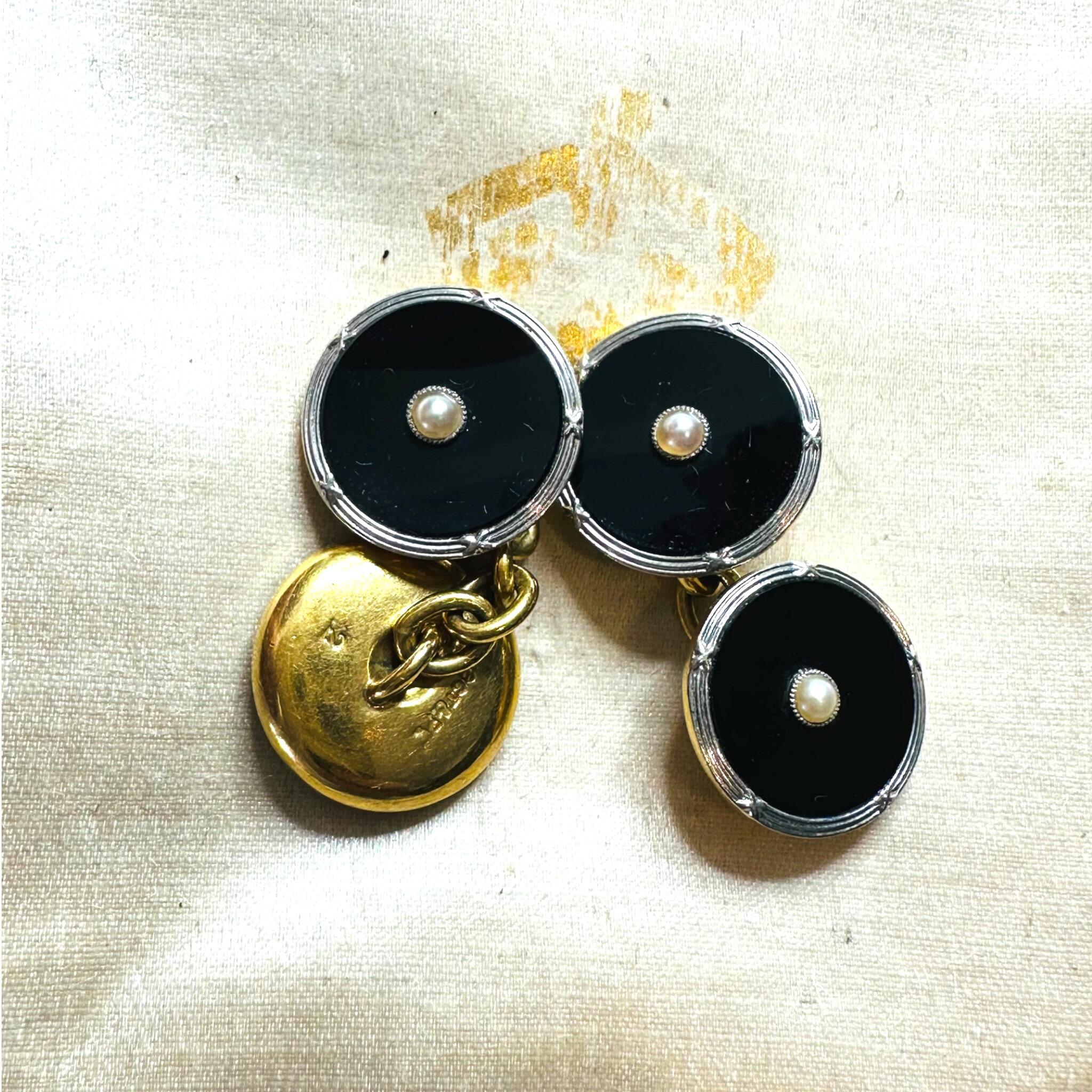 Art Deco 18ct Gold & Platinum Black Onyx and Pearl Cufflinks, laying in antique box