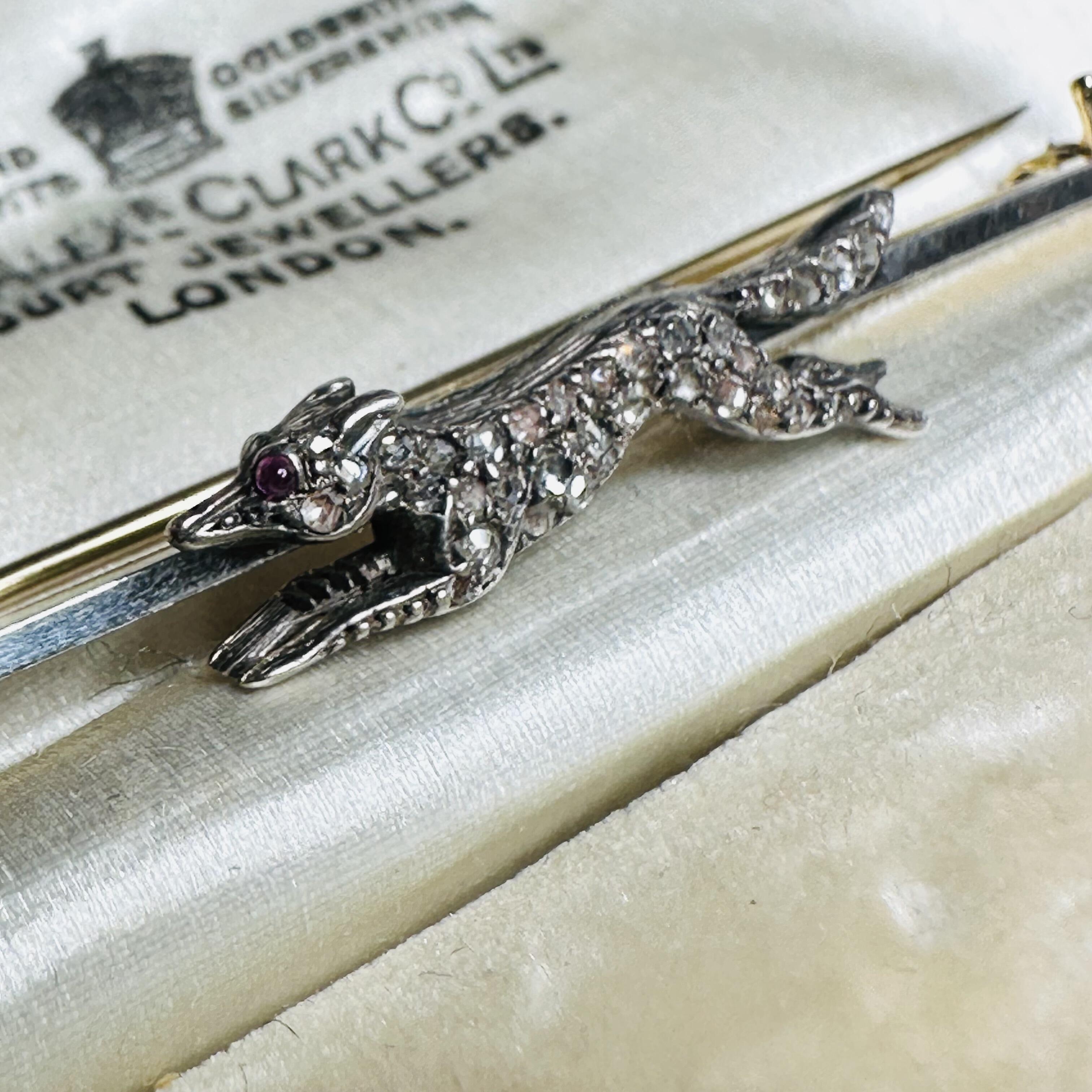 side view, Edwardian Diamond Set Running Fox Brooch in original box