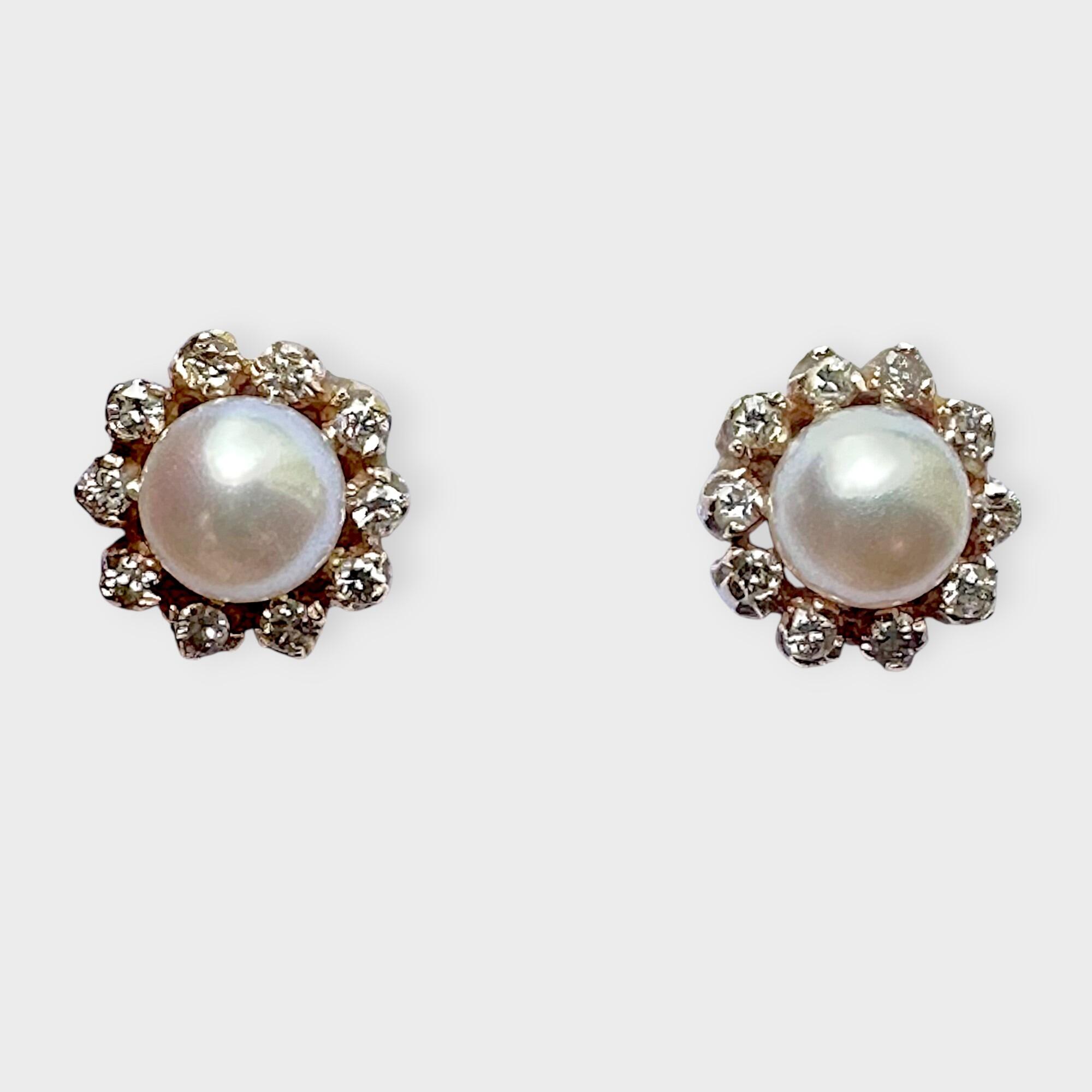 Vintage 9ct Gold 5mm Cultured Saltwater Pearl & Diamond Daisy Cluster Earrings, grey background.