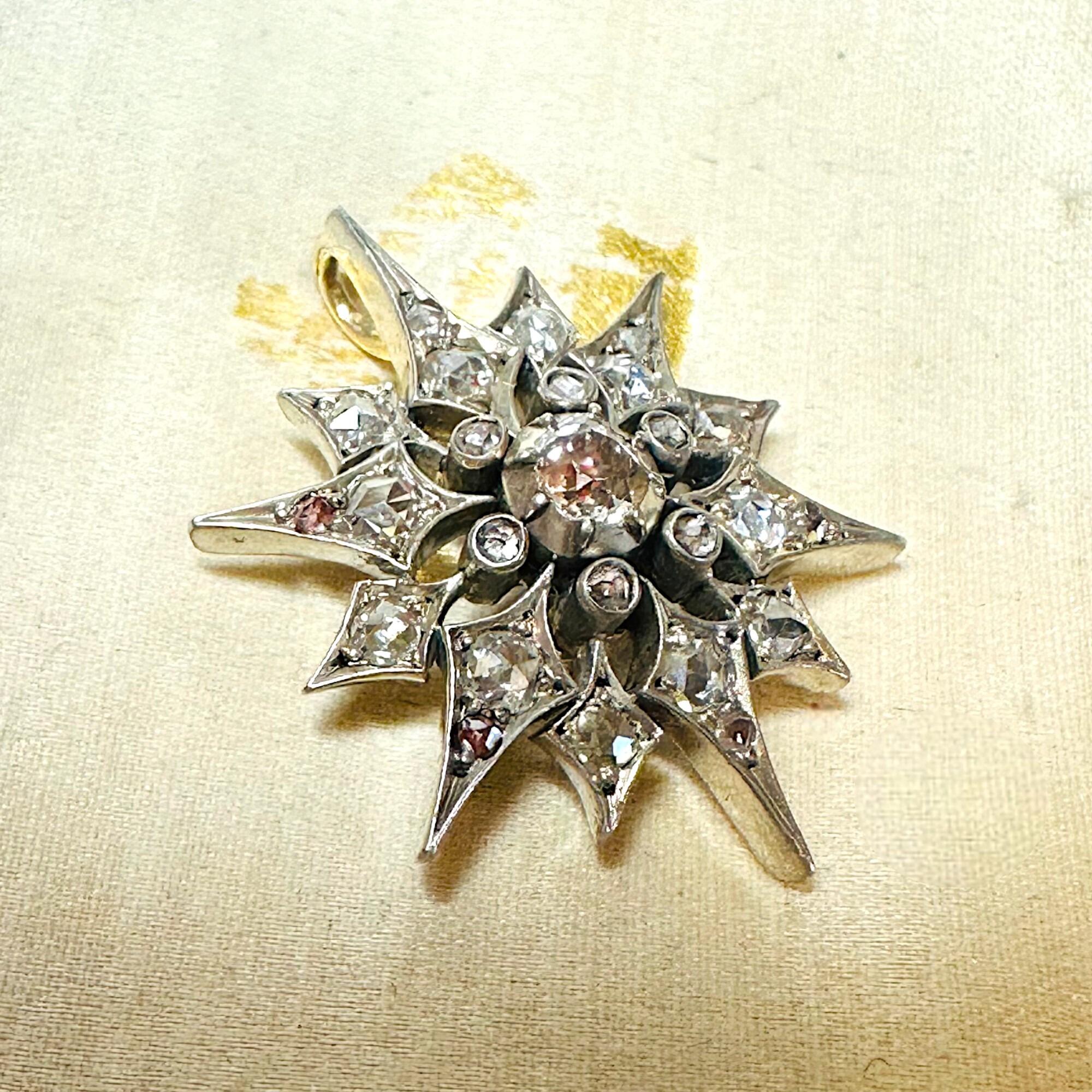 Victorian Diamond Star Pendant, Antique Silver & Rose Gold Starburst, displayed in antique box
