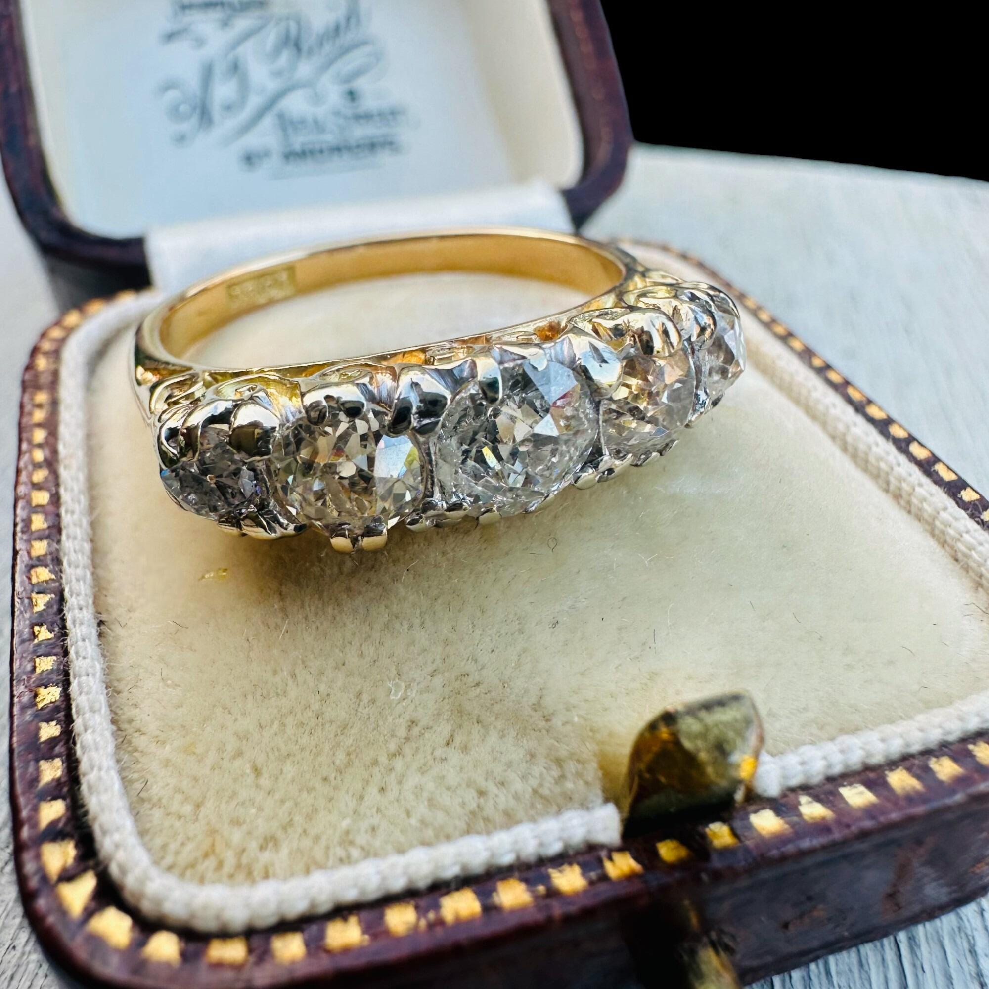 side view, Victorian old-cut Diamond 1.86ct carved hoop ring displayed in antique box