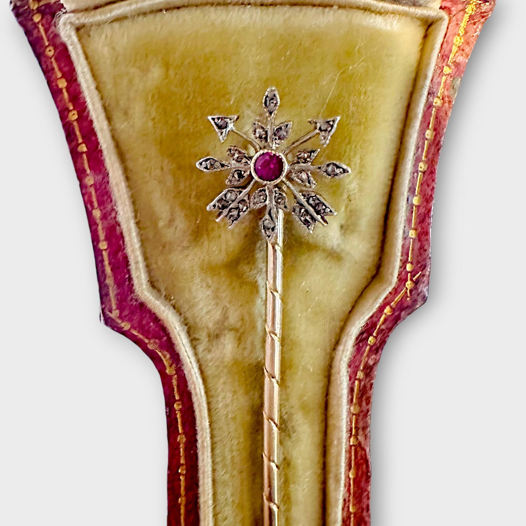 Rare Gold Ruby & Diamond Arrow Stick Pin in antique S J Phillips, Bond Street London box, grey background.