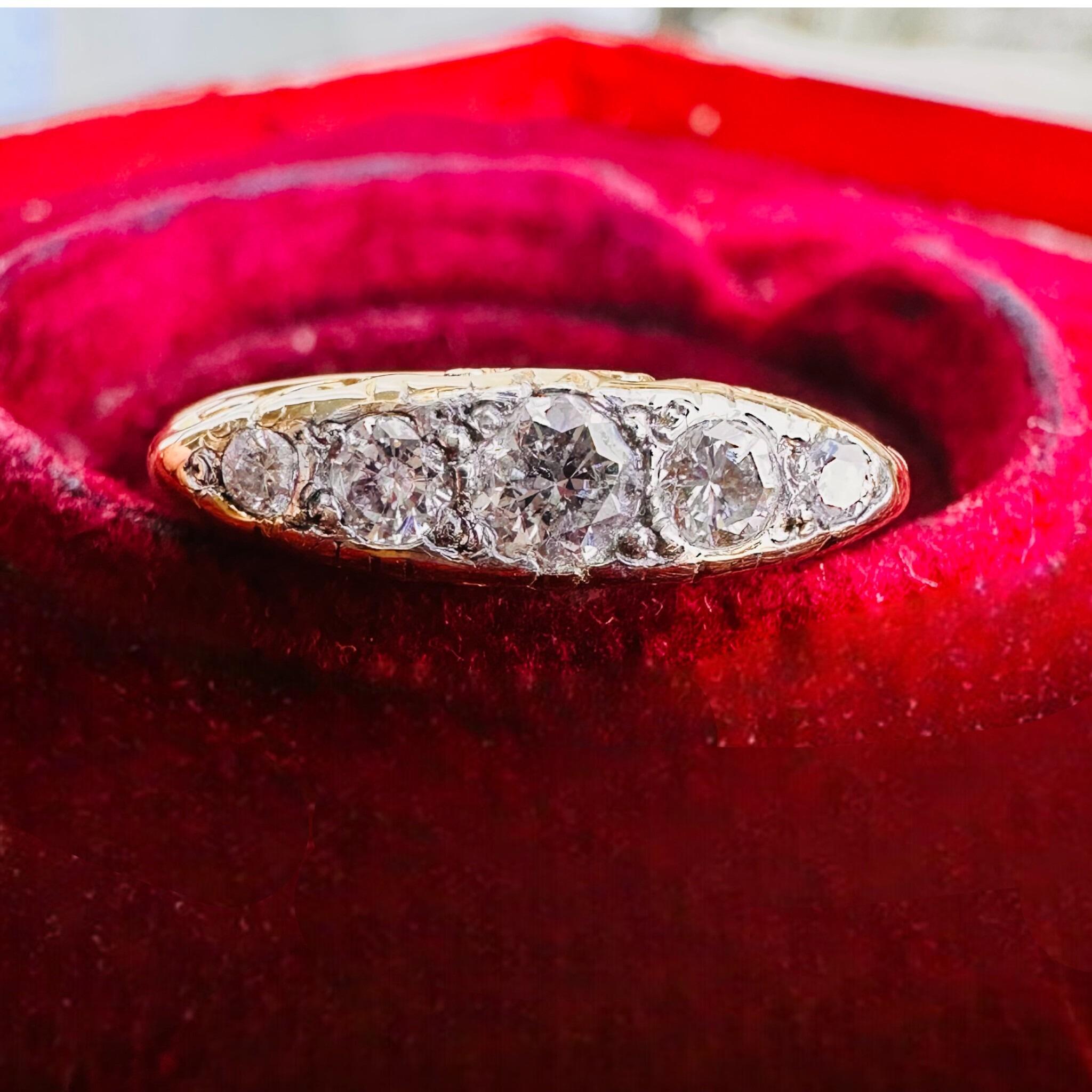 Victorian 18ct Gold Old-Cut Diamond Carved Hoop Ring displayed in antique box.