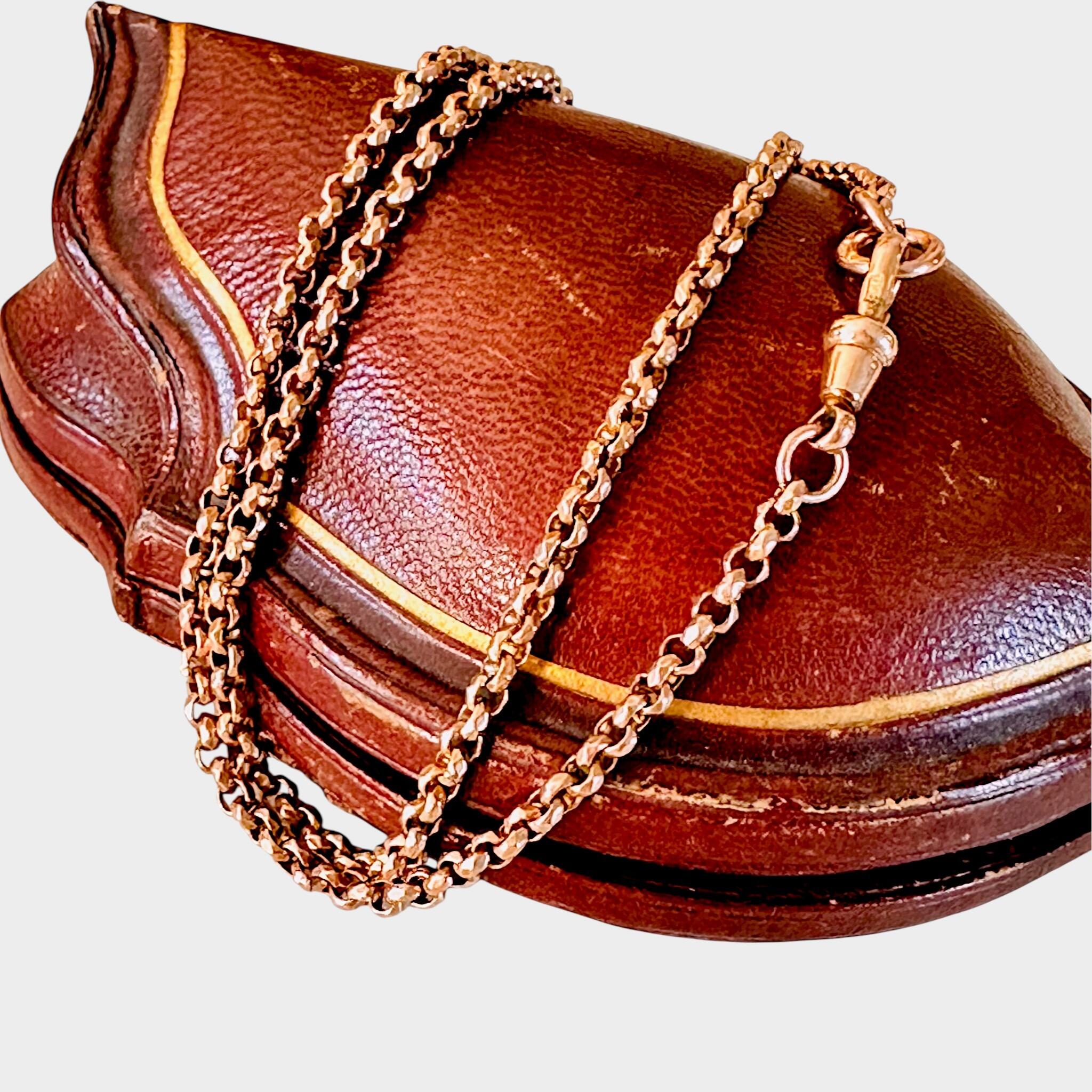 Victorian 9k Rose Gold Belcher Chain Necklace with Antique Dog Clip Clasp, displayed on antique box with grey background.