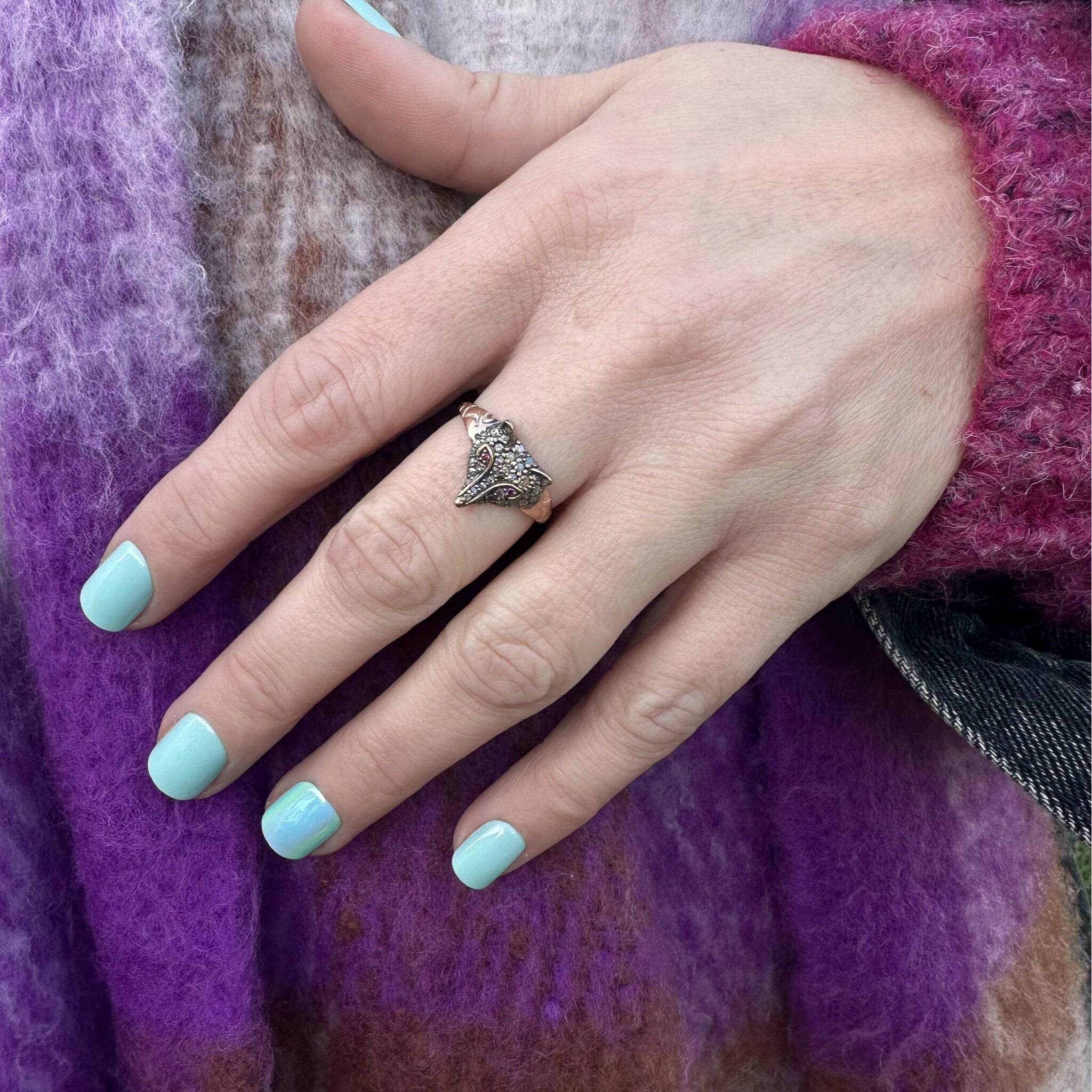 Rose Gold, Silver & Diamond & Ruby Eyed Fox Ring worn on models hand