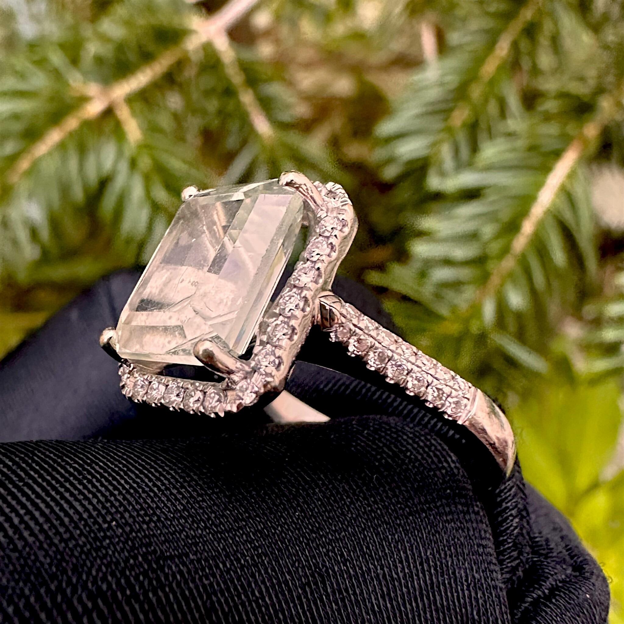 side view Diamond Halo & Prasiolite Cluster Ring in 14k White Gold displayed in garden