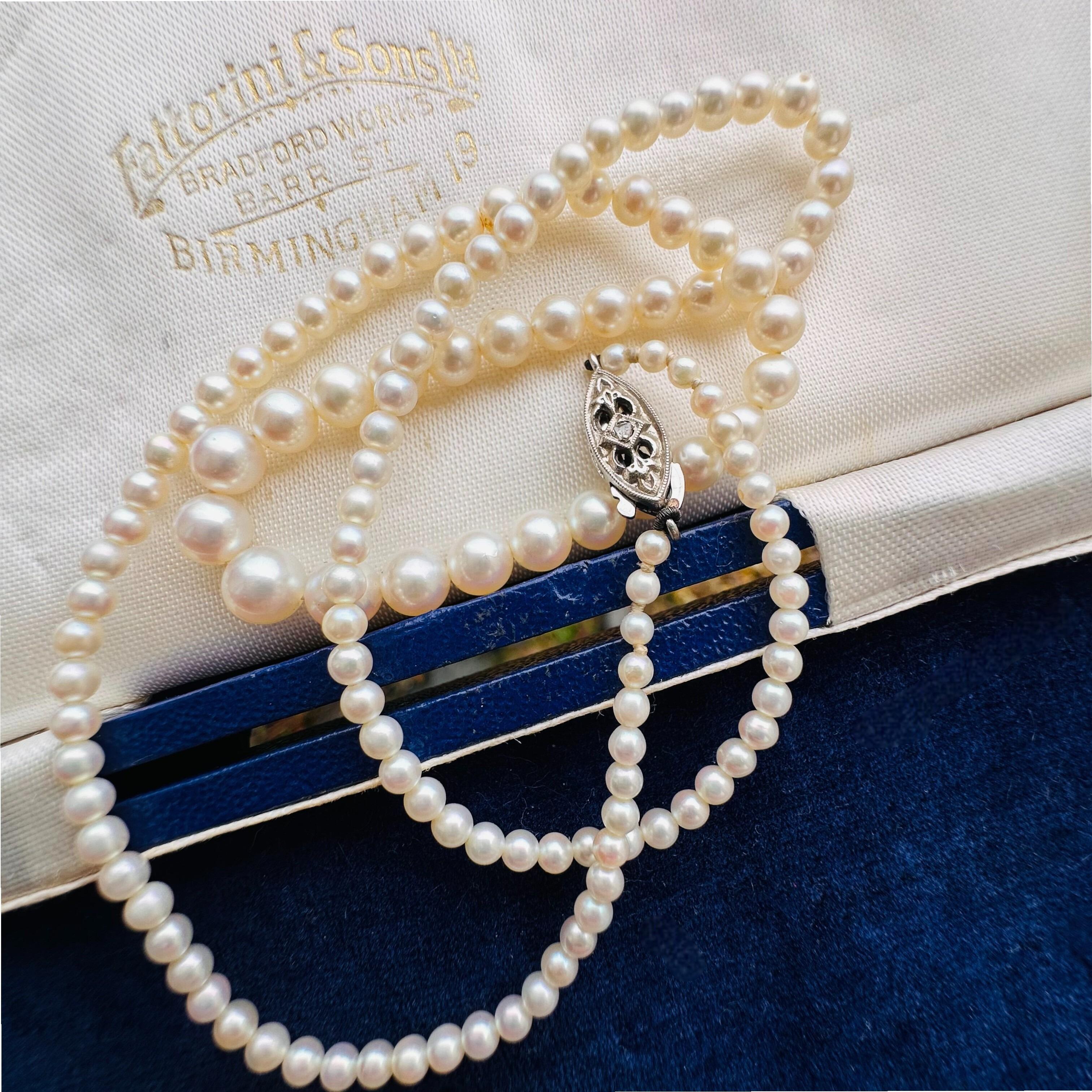White Gold & Diamond, Saltwater Cultured Pearl Necklace displayed on antique box