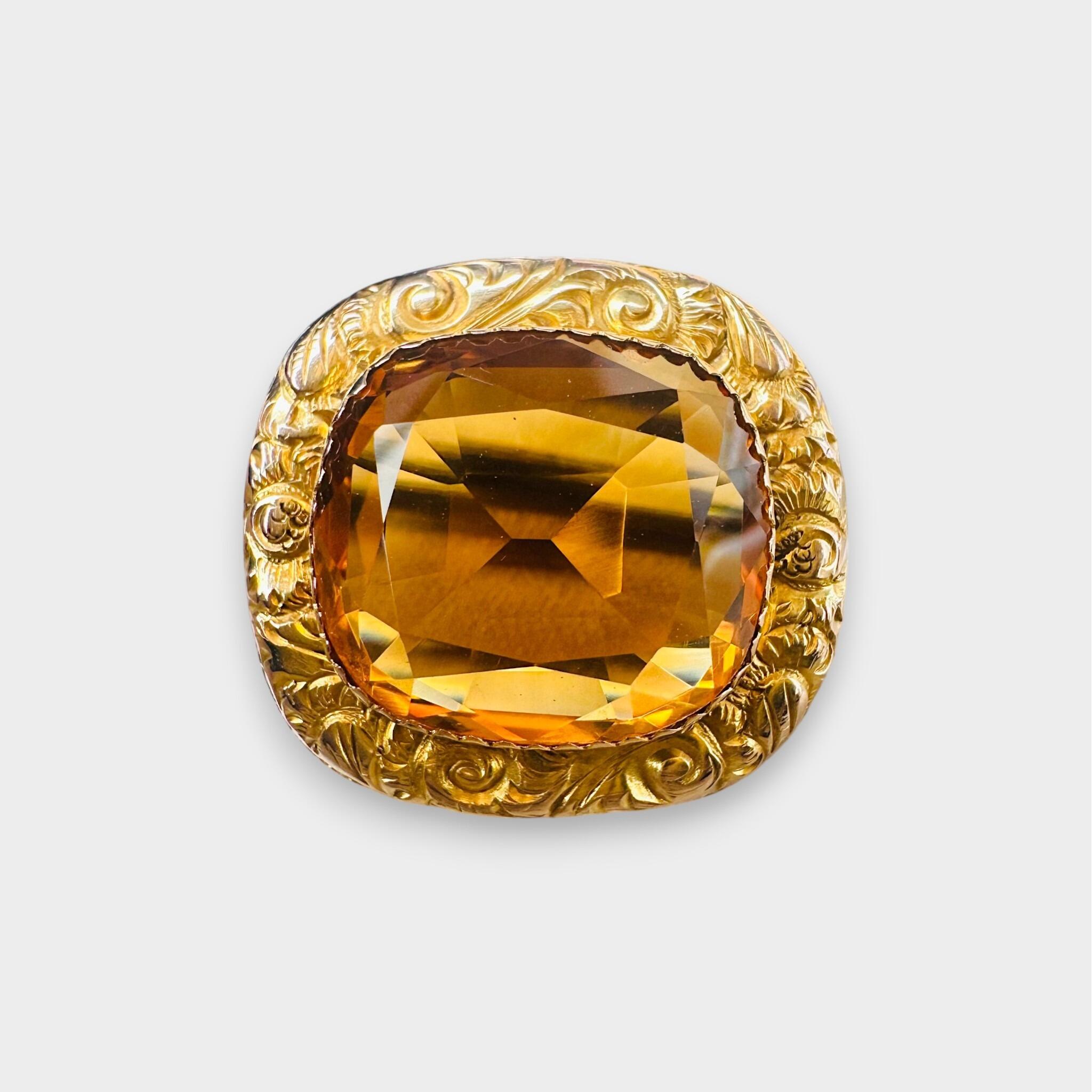 Georgian Deep Cognac Citrine & Gold Brooch with grey background