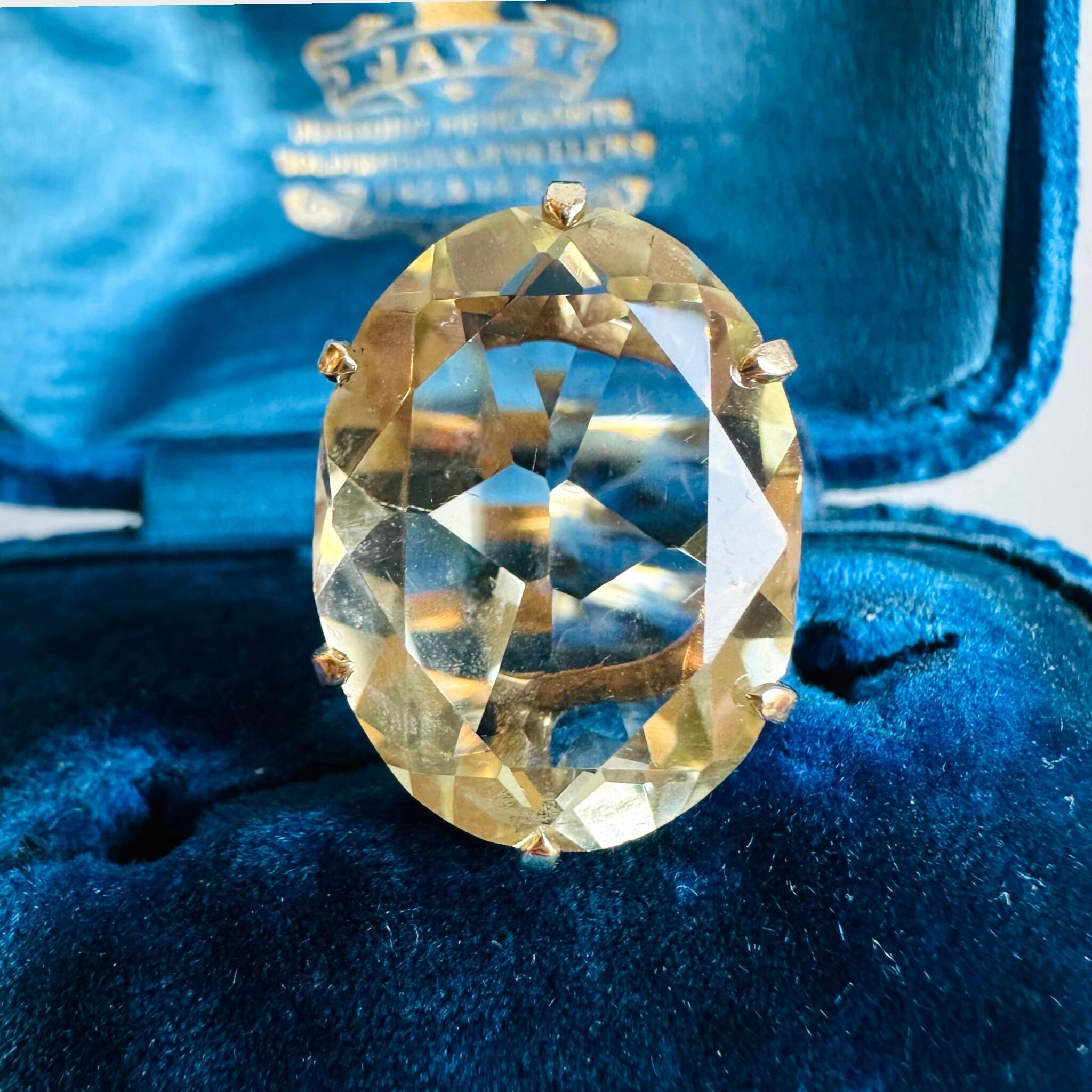 Vintage 9K Gold Oval Citrine Statement Ring, London 1985 Hallmarked Cocktail Ring displayed in antique box