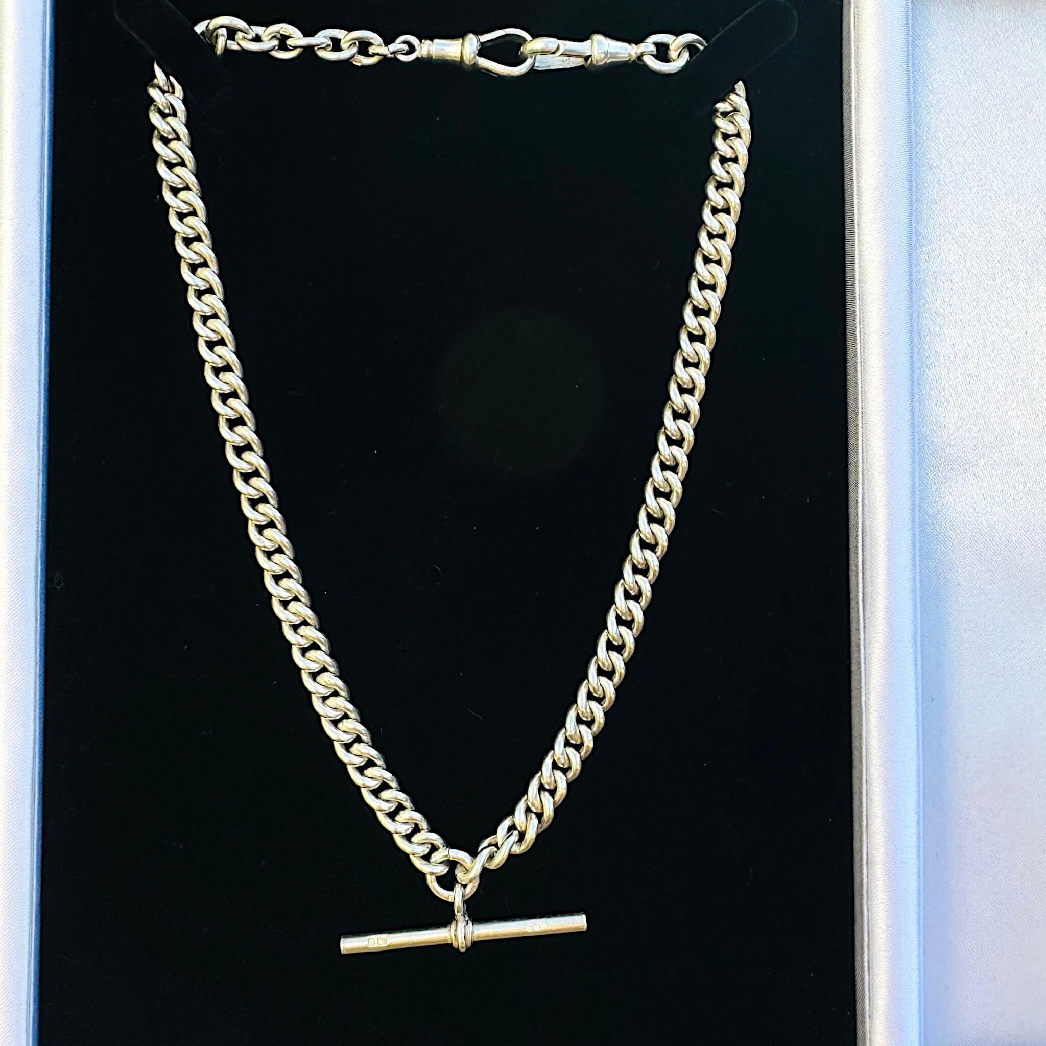 Antique Chunky Silver Albert Chain Necklace, T-Bar & Dog Clip displayed on black show box