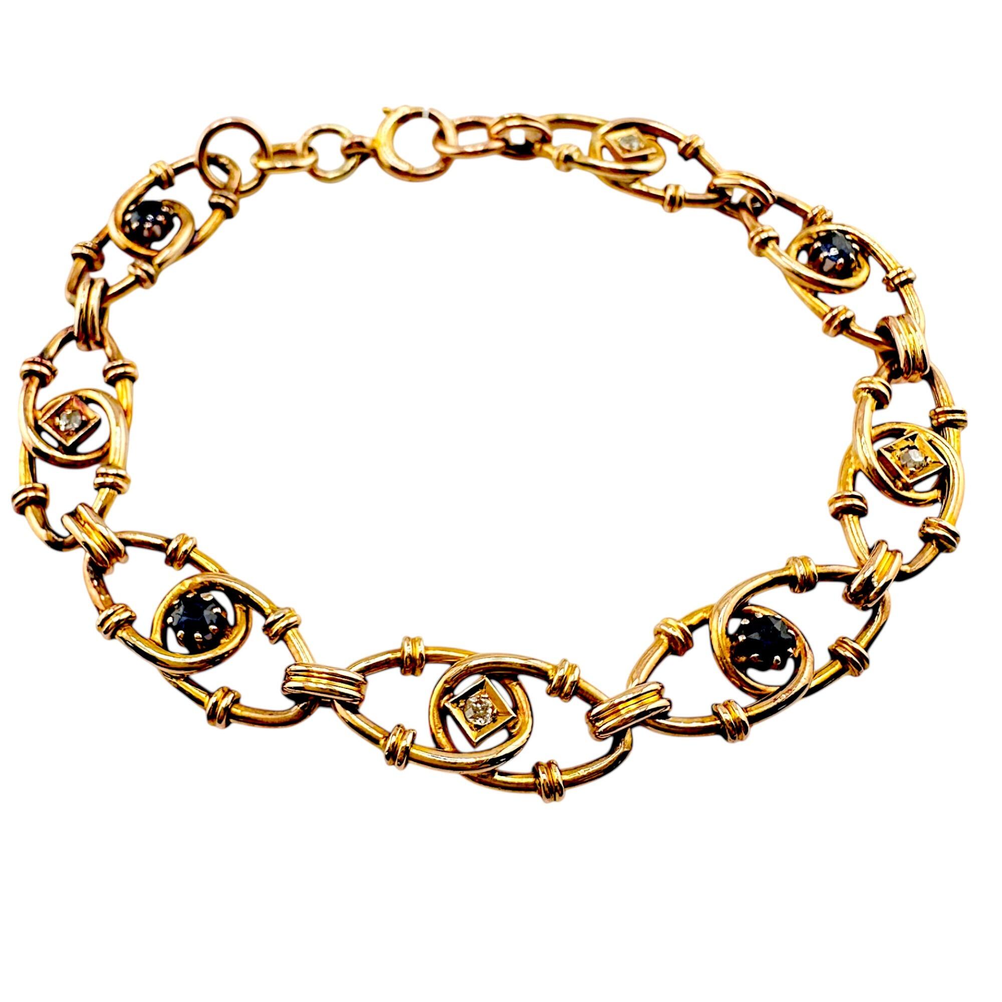 Edwardian, 9kGold, Sapphire & Diamond Fancy Link Station Bracelet, White background.
