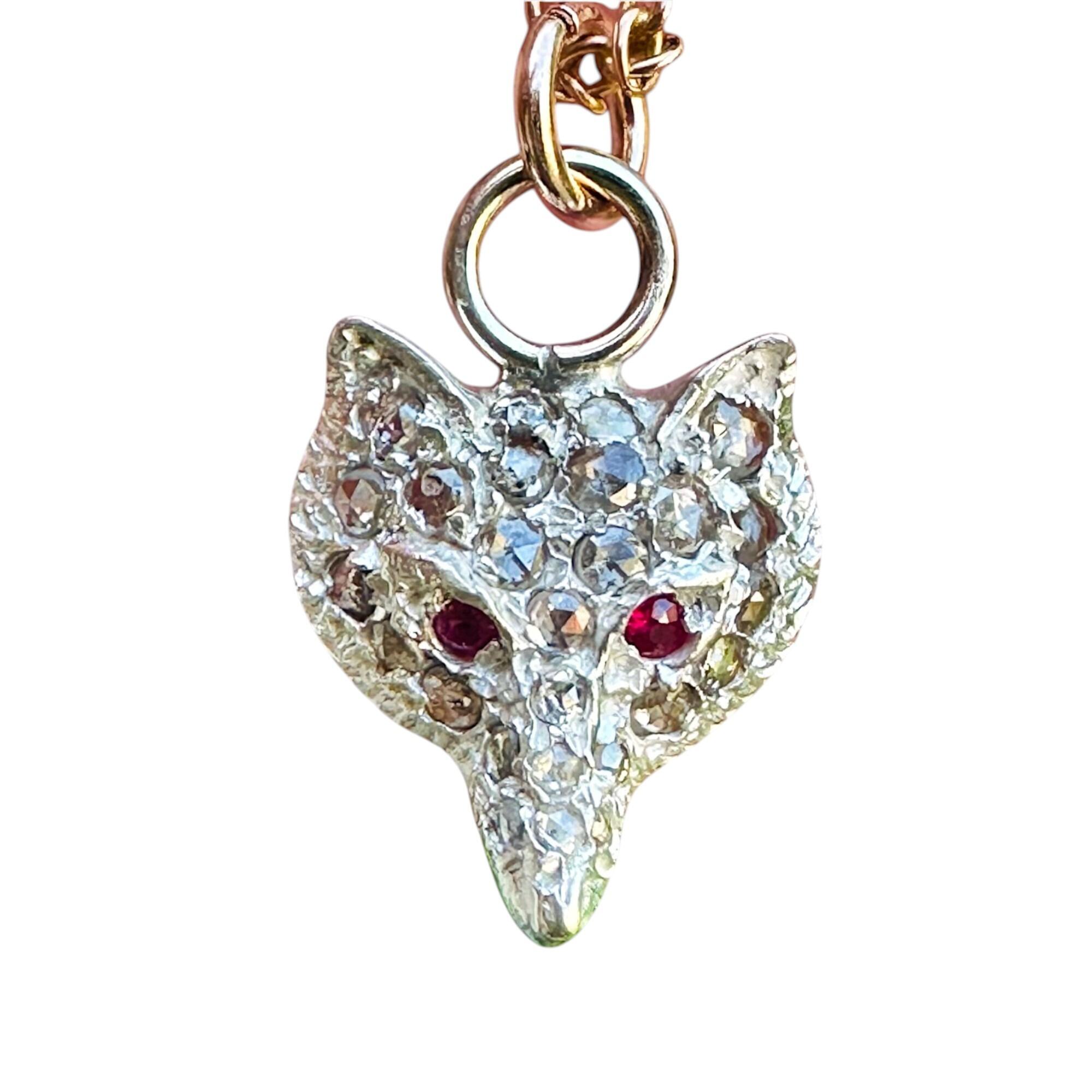 Vintage Fox Head Pendant: Rose Cut Diamonds, Ruby Eyes, Silver & 9ct Rose Gold with white background