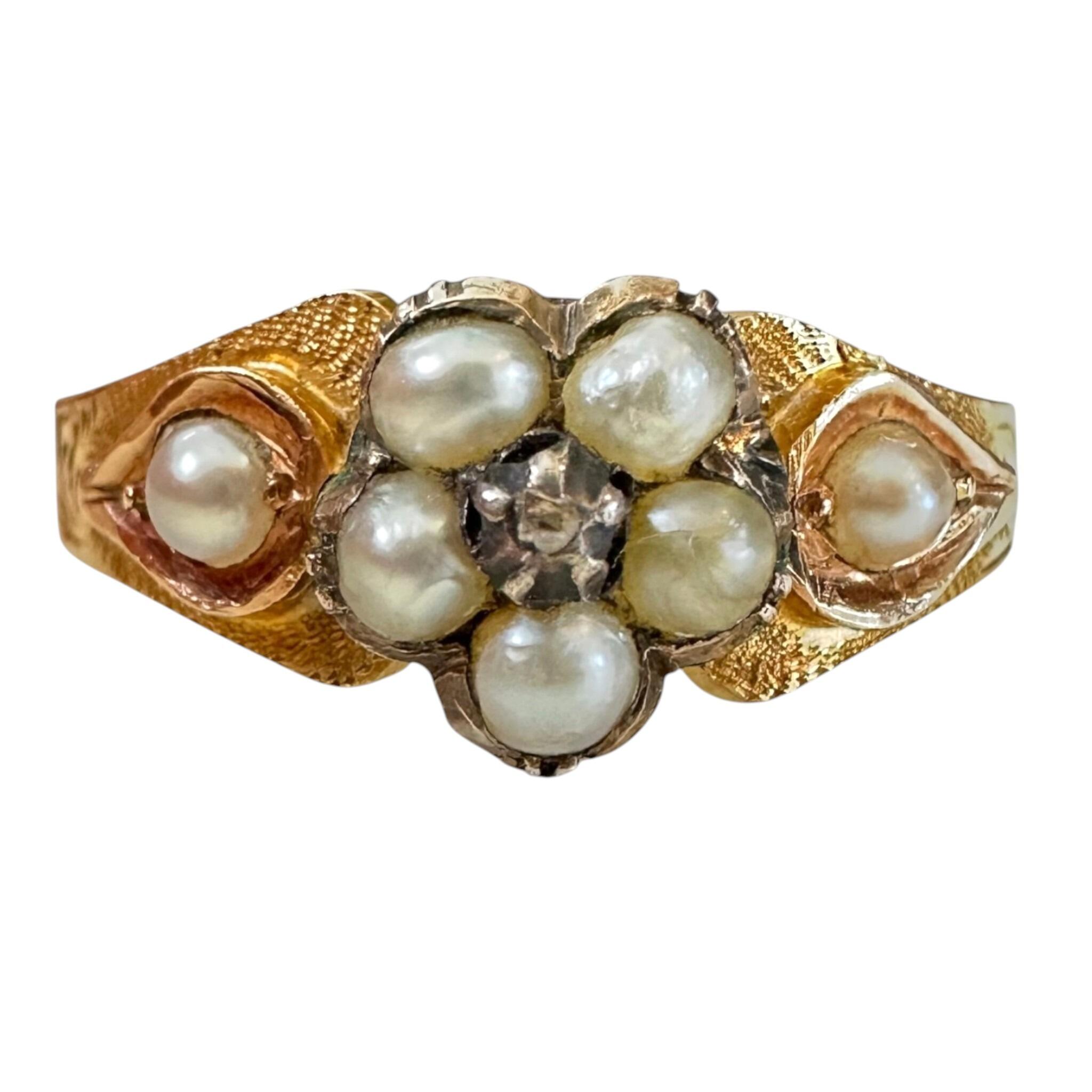 front view of Georgian Pearl & Diamond Forget Me Not Ring with white background