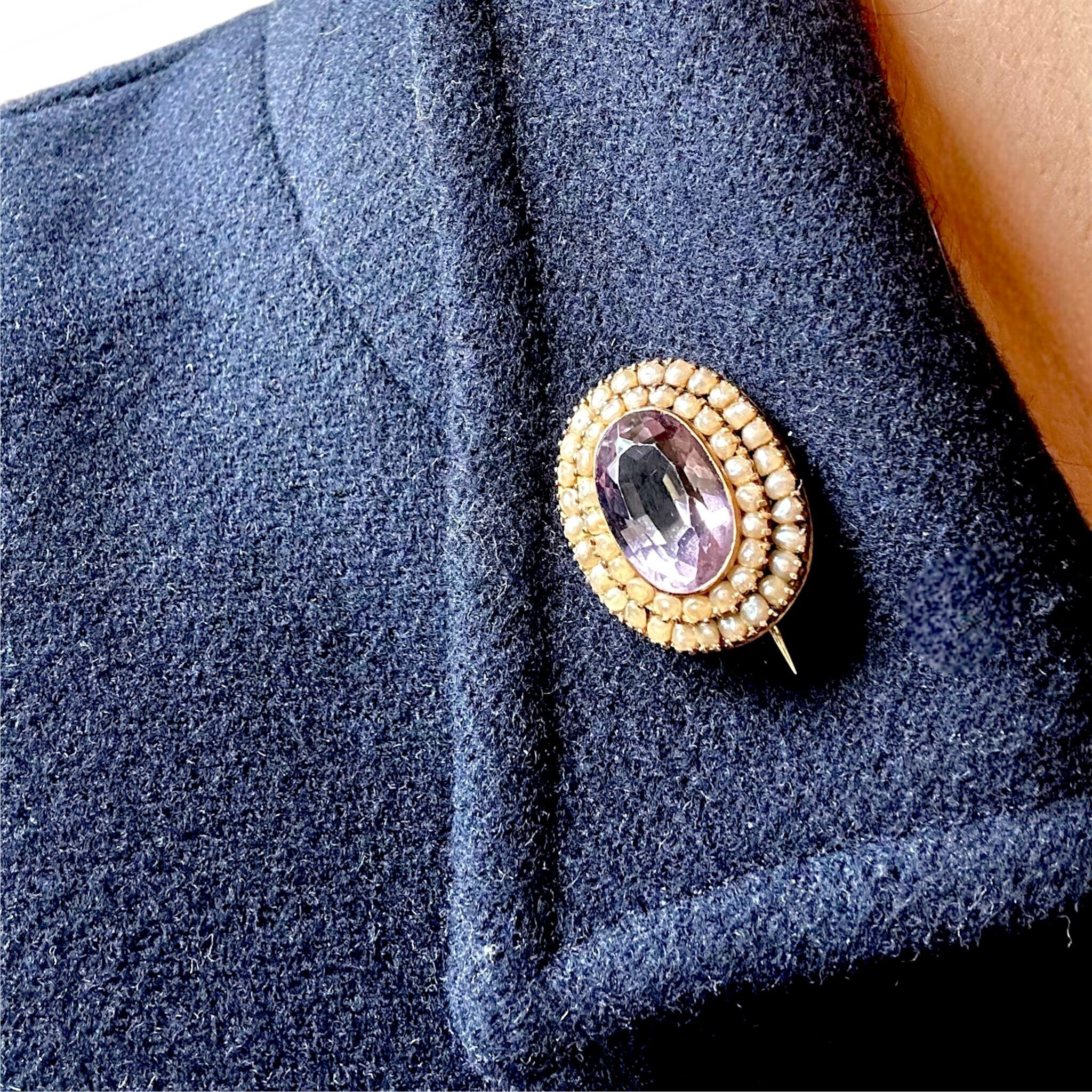 Antique Victorian Gold Rose de France Amethyst & Seed Pearl Brooch displayed on models collar