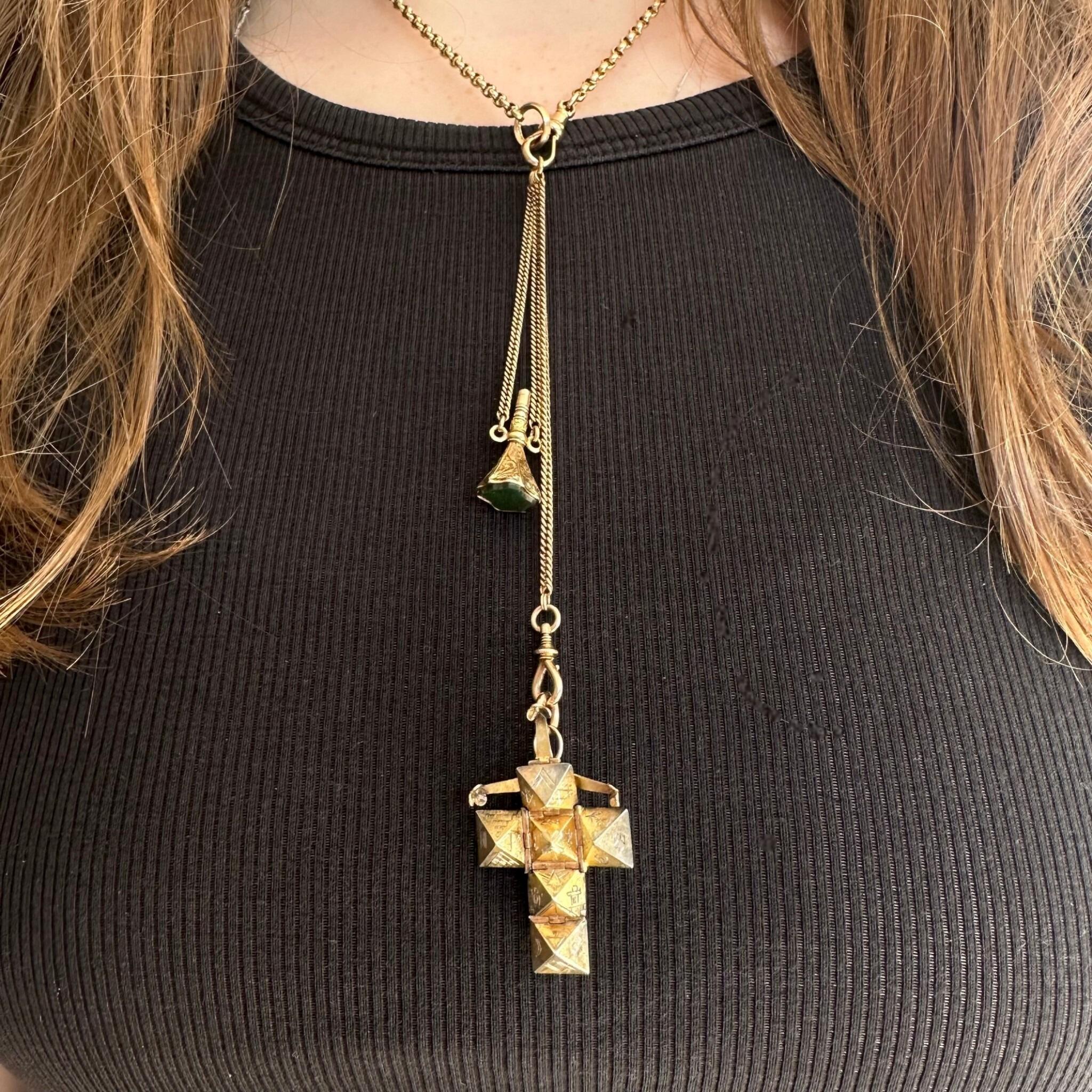 Rare Antique Rose Gold, Opening Hexagonal Cross Masonic Pendant & Bloodstone Watch Key Fob, worn on models neck