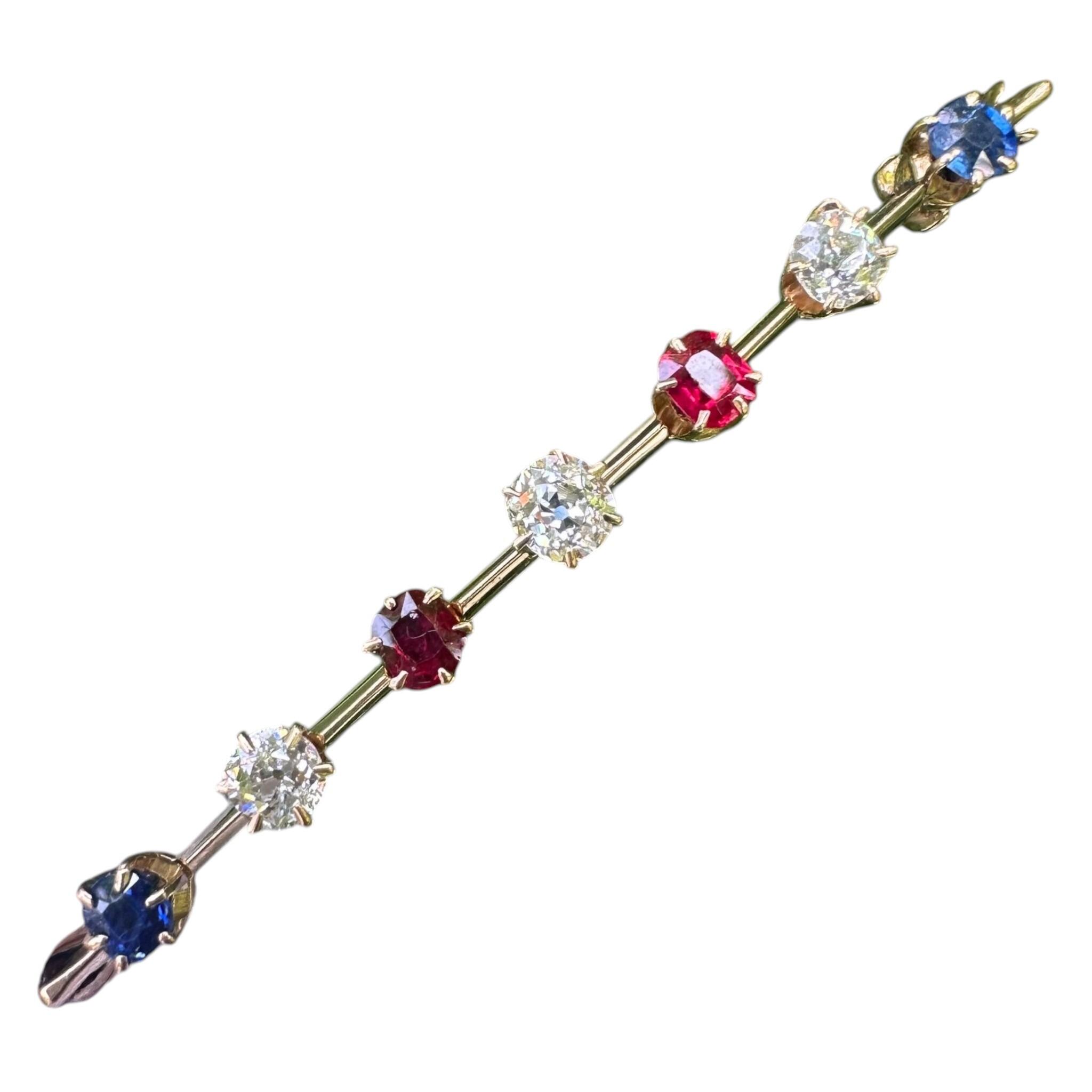 Victorian Ruby, Sapphire & Diamond Bar Brooch in Original Box with white background