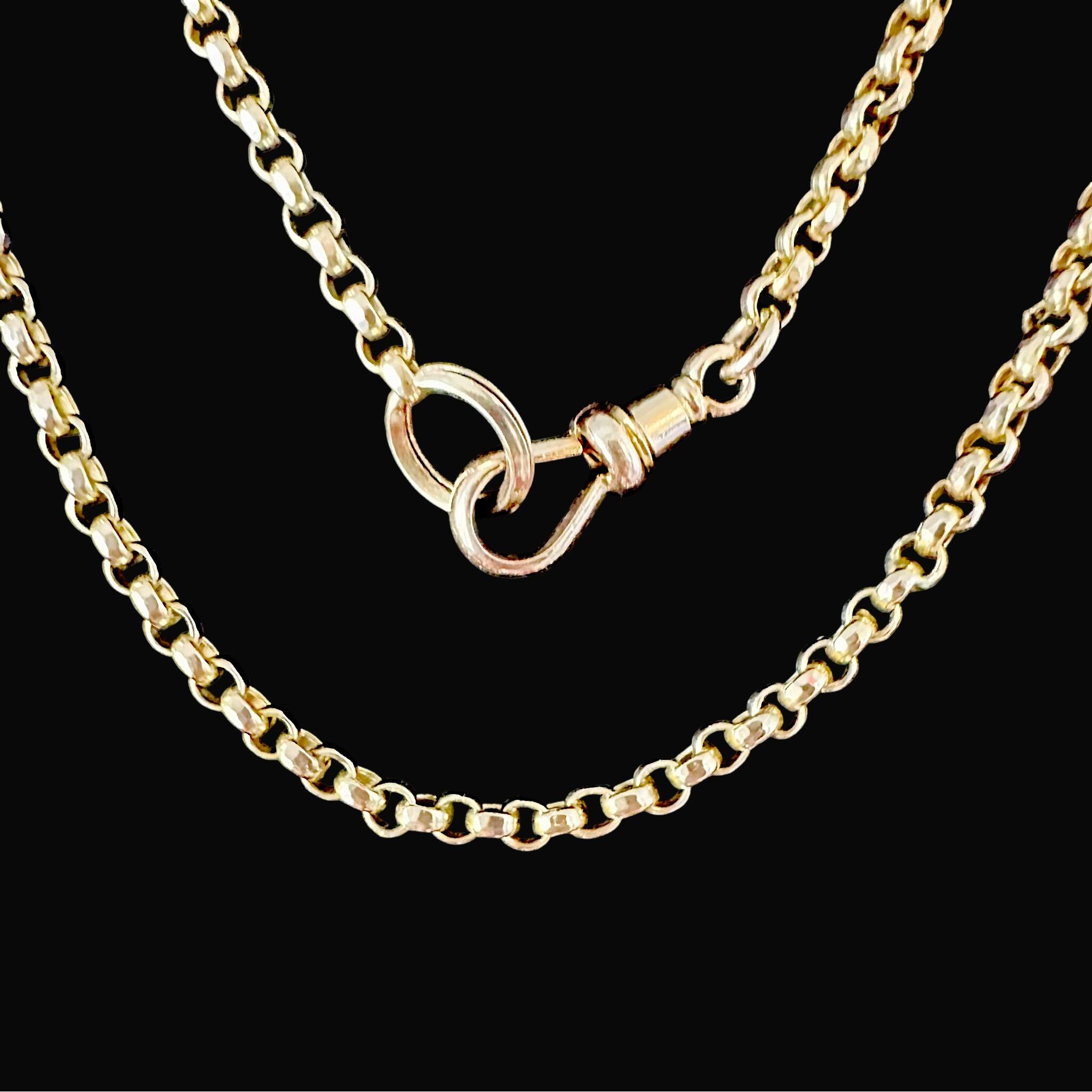 Antique Victorian 9ct Rose Gold Belcher Chain With Dog Clip & Split Ring clasp, displayed on black velvet