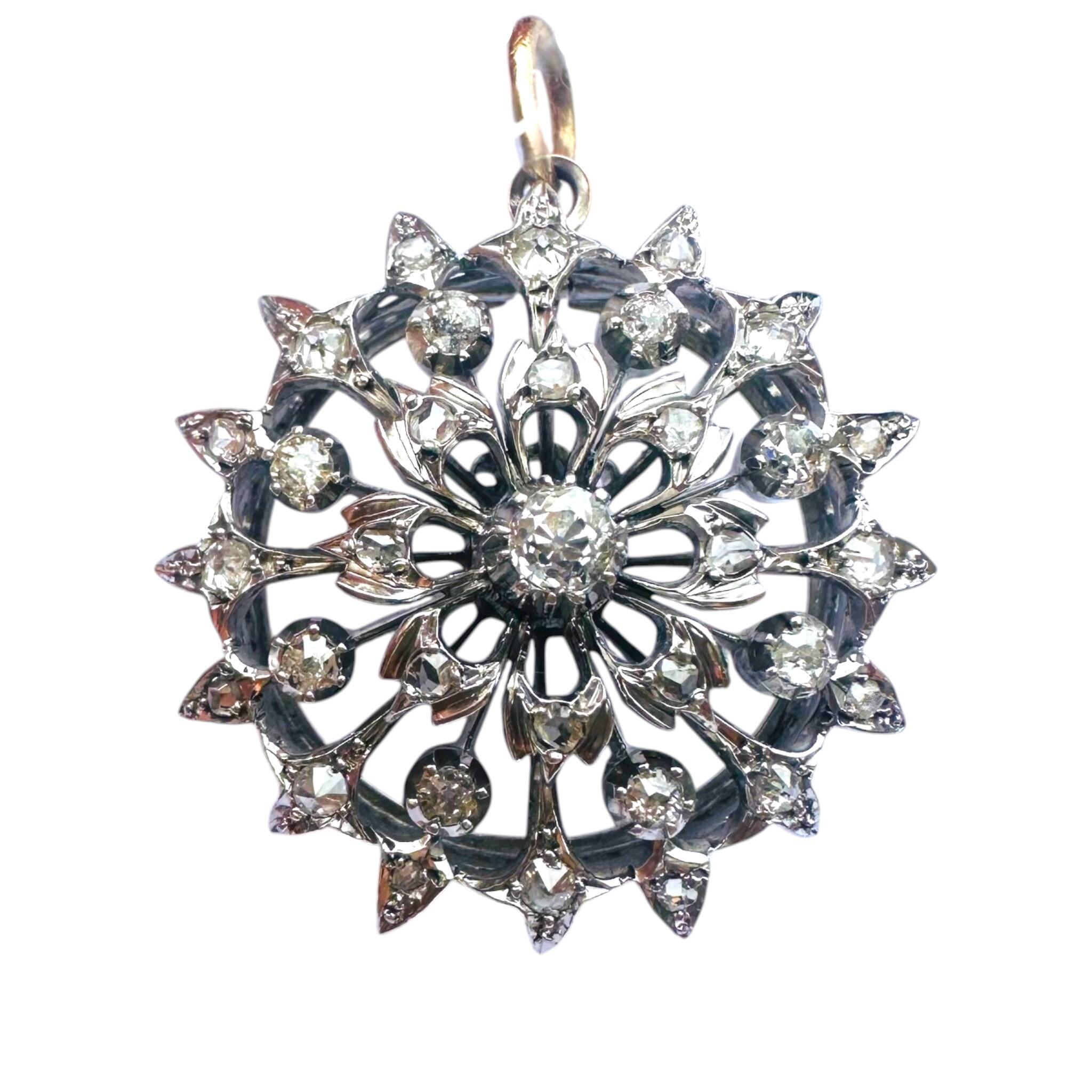front view of Antique Victorian Diamond Flower Pendant Brooch, with white background