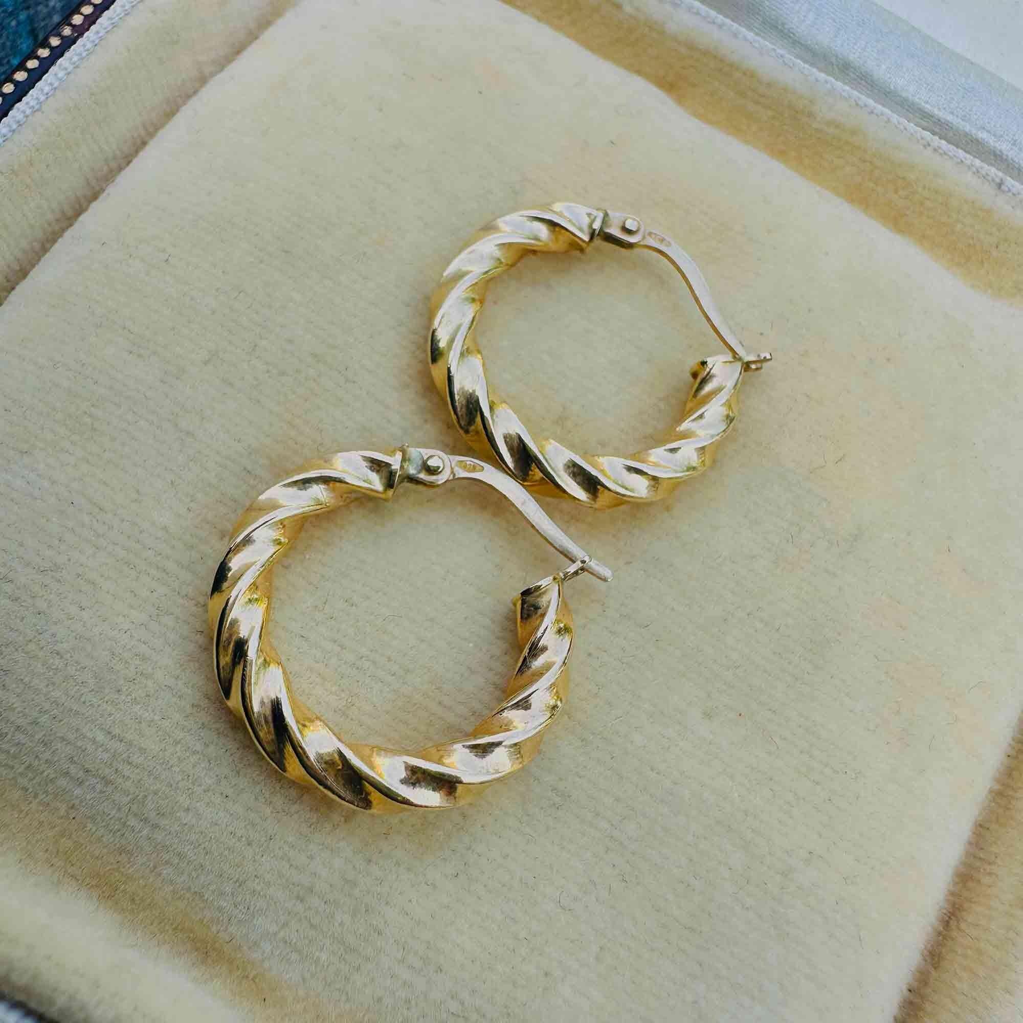 Italian 9k yellow gold twist rope hoop earrings on antique box.